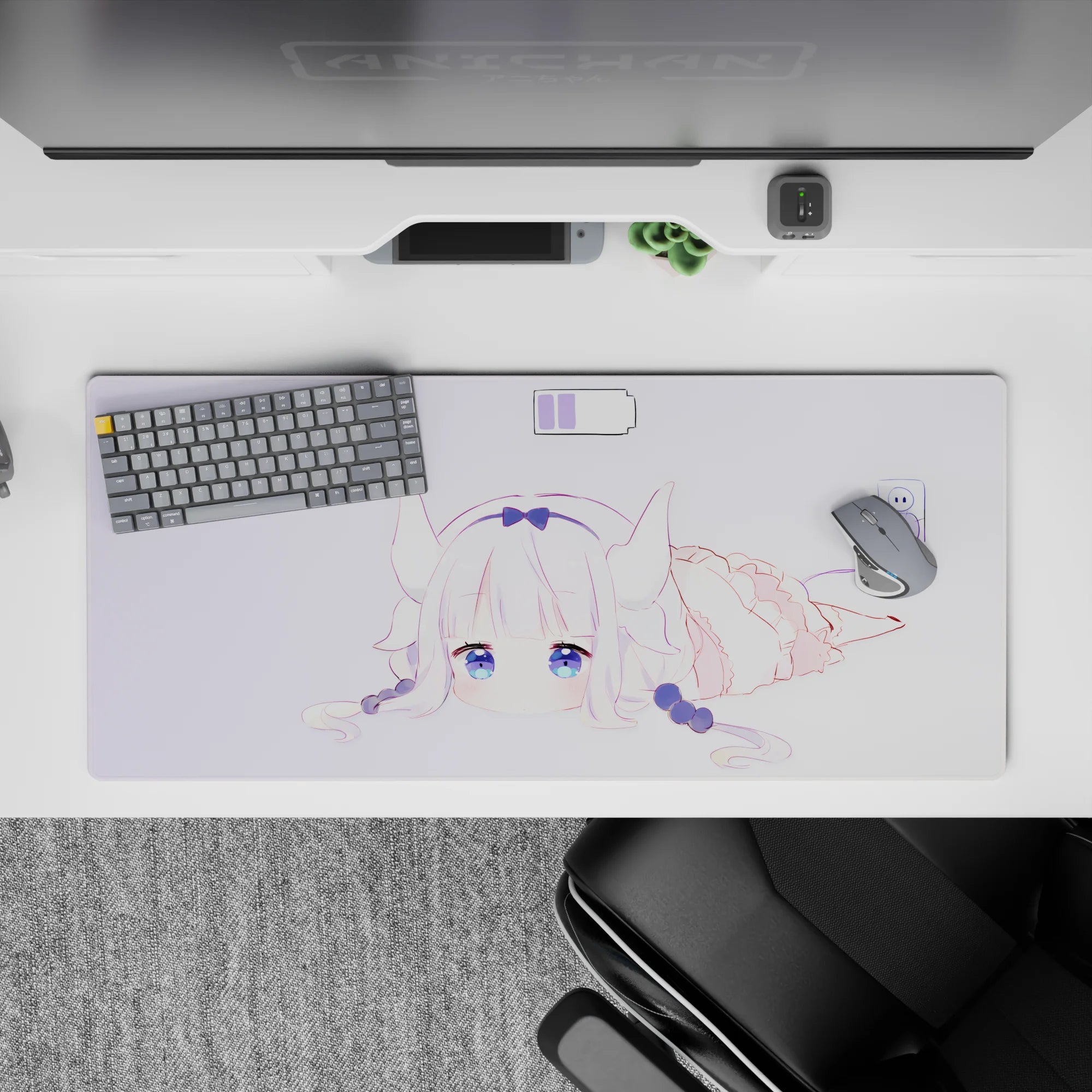 36x16 inches lavender vibe desk mat, soft pastel anime art with glossy blue eyes and sleepy-cute mood.