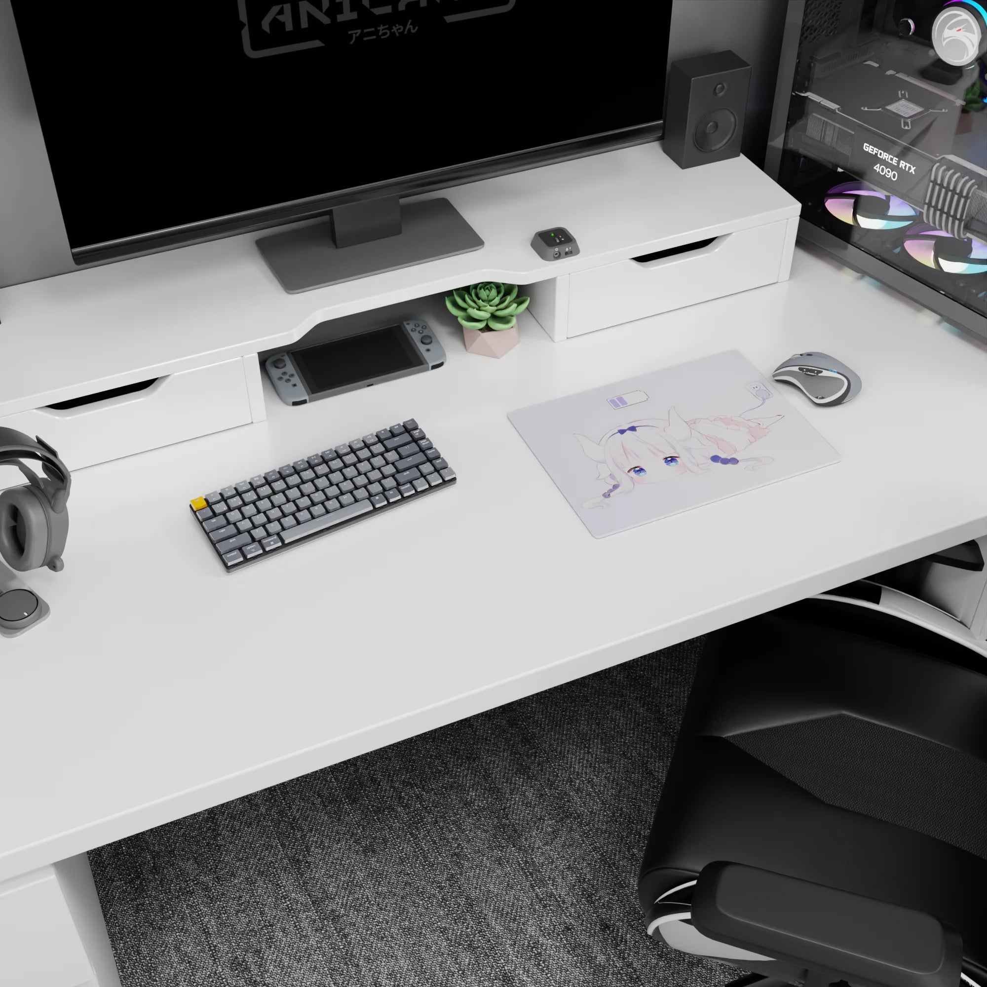 White-haired dragon girl sprawled in frilly outfit on anime mouse pad 14x10 inches, plug doodle.