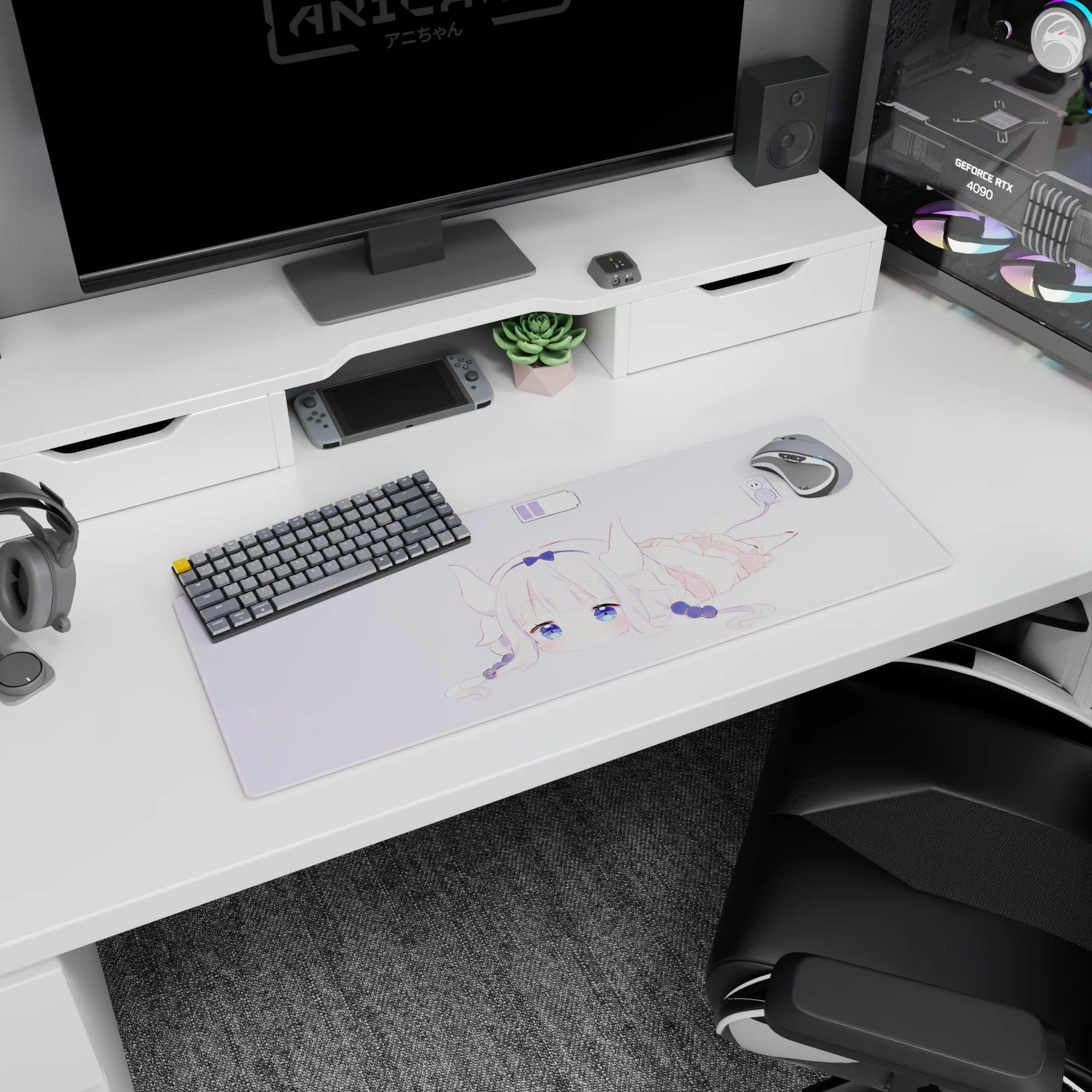 32x12 inches mouse pad showing a tiny horned anime girl sprawled out, charging plug doodle corner.