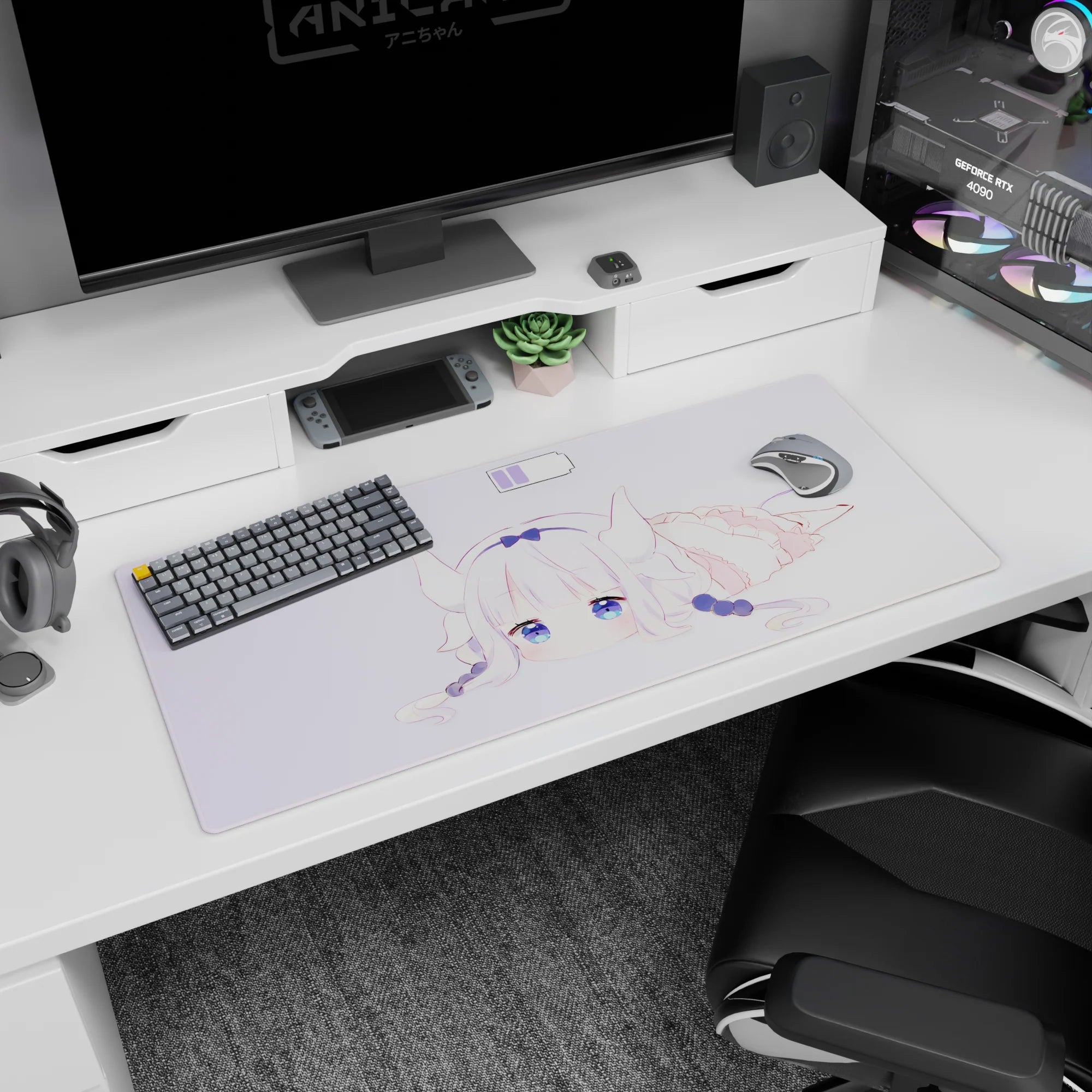 36x16 inches desk pad showing a horned white-haired anime girl sprawled cute, with charging plug doodle.