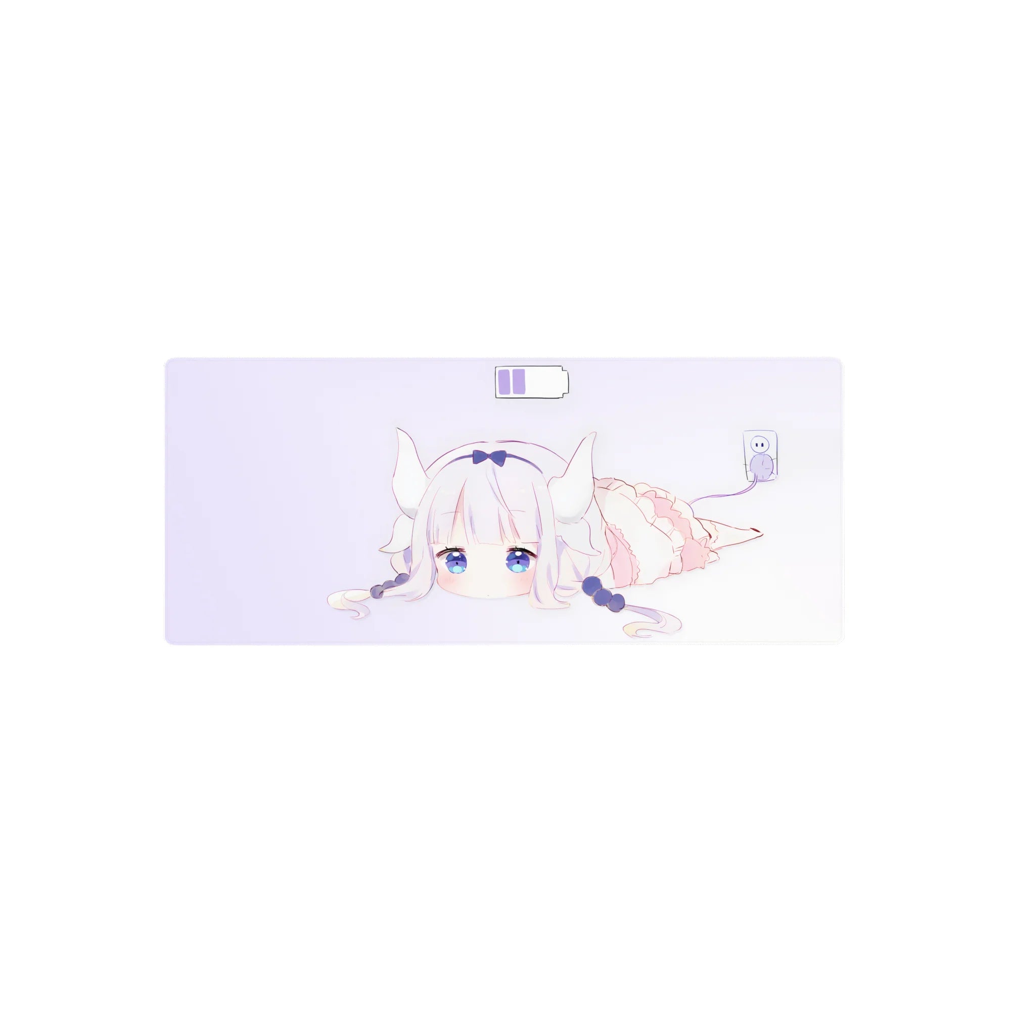 28x12 inches anime girl mouse pad with white-haired horned dragon girl, navy bow, frilly outfit, blue eyes.