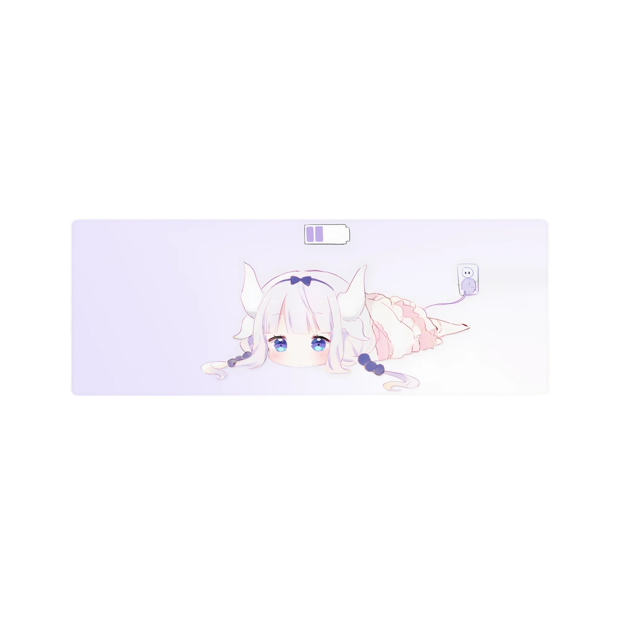 32x12 inches anime girl mouse pad with white-haired dragon girl, lil horns, navy bow, frilly outfit.