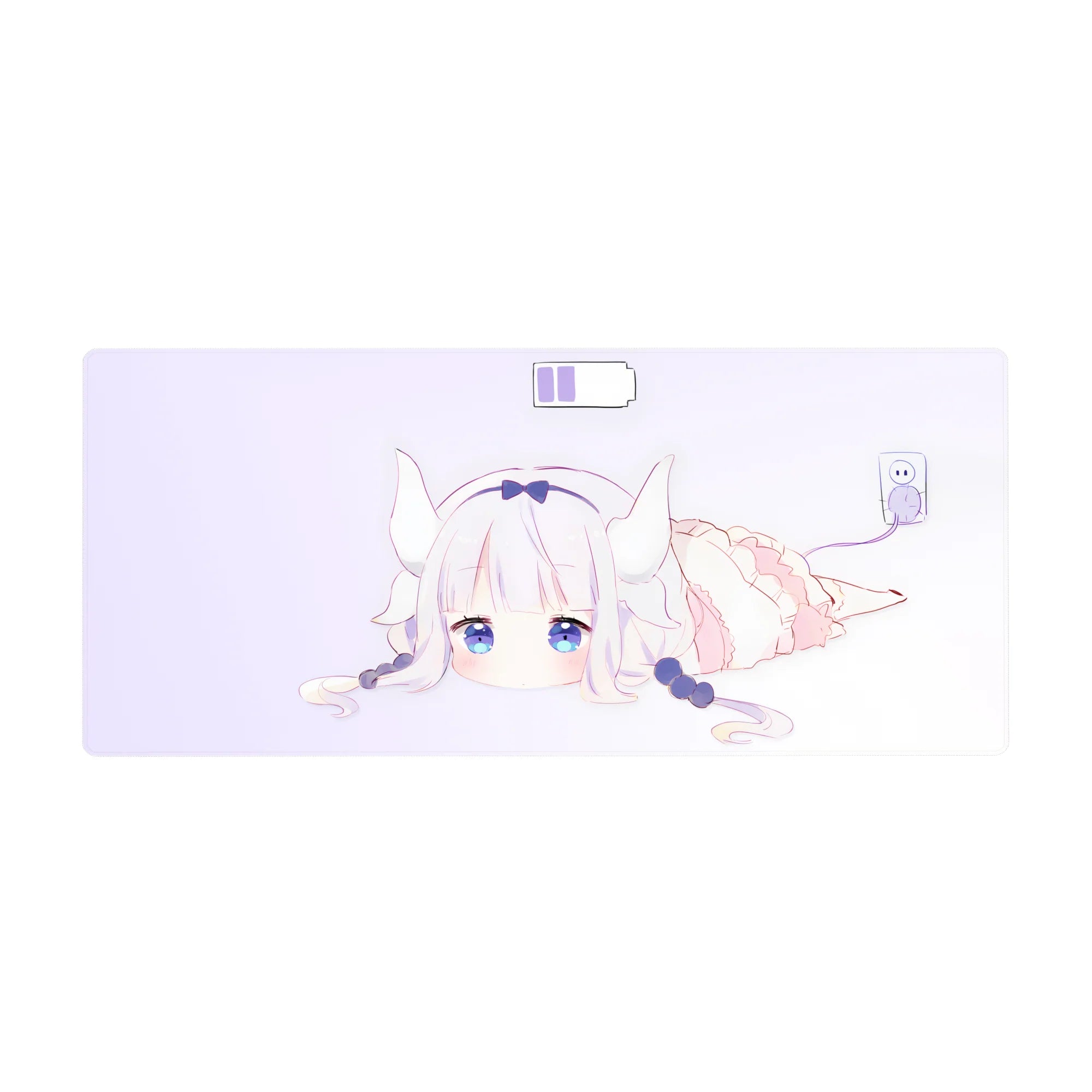 36x16 inches anime girl desk pad with white-haired dragon girl, tiny horns, navy bow, and frilly outfit.