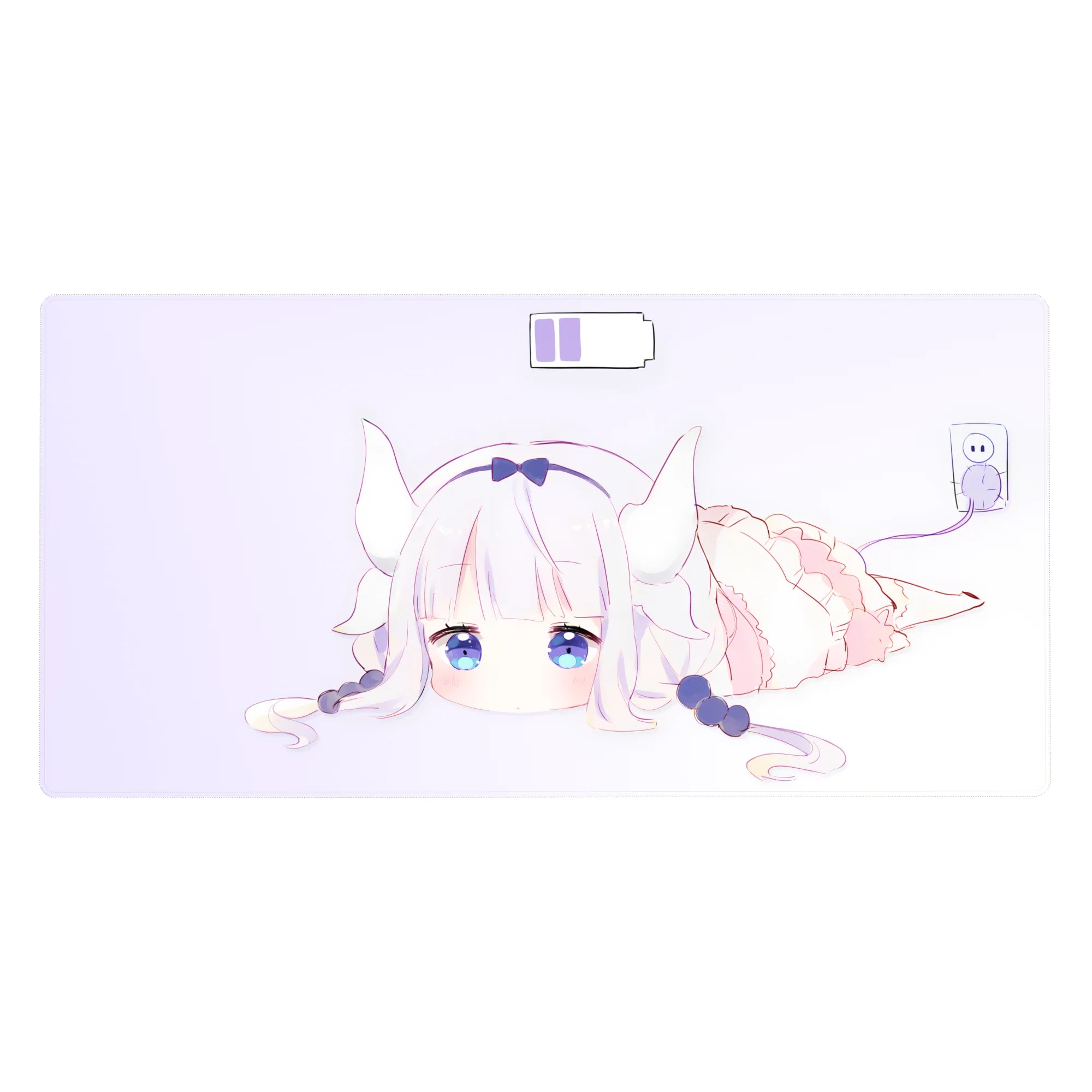 Anime girl desk pad 40x20 inches with white-haired dragon girl, tiny horns, navy bow, blue eyes.
