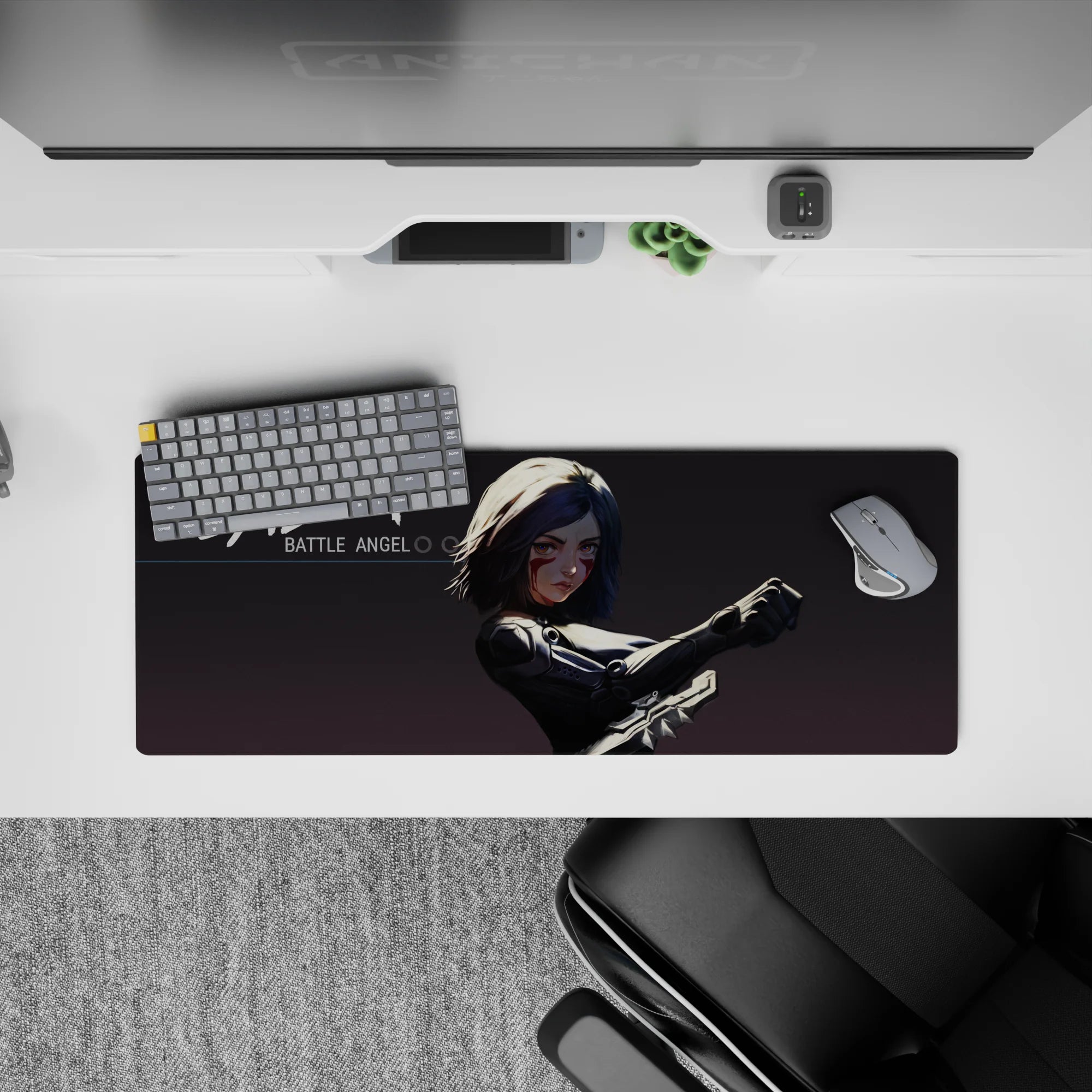 Anime girl mouse pad 32x12 inches in black and gray tones with crimson face marks, fierce loyal vibe.