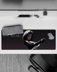 Anime girl mouse pad 32x12 inches in black and gray tones with crimson face marks, fierce loyal vibe.