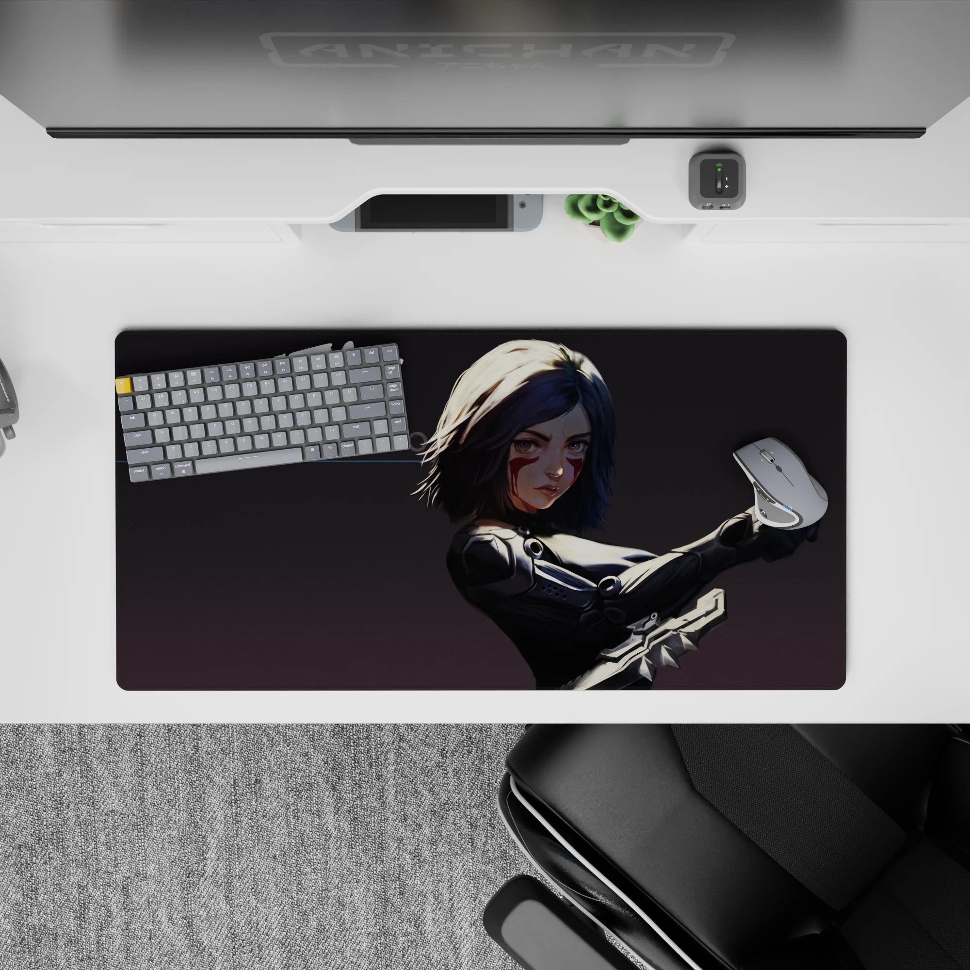 Anime girl mouse pad 32x16 inches in black and gray with crimson face streaks, fierce loyal vibe.