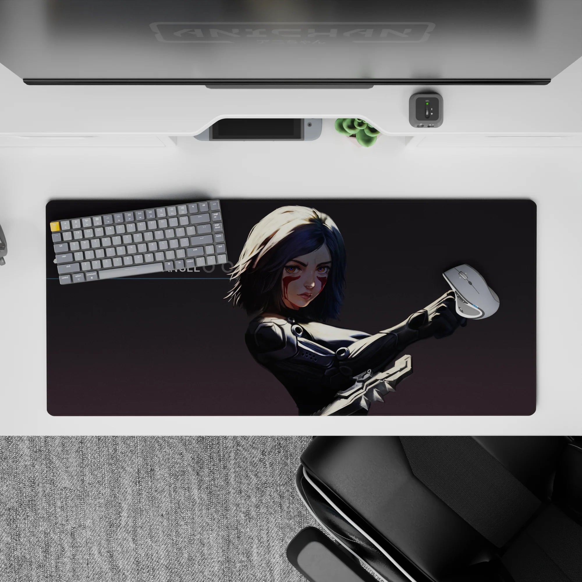 High-contrast gray shadows, black armor, and crimson face streaks on anime girl desk pad 36x16 inches.