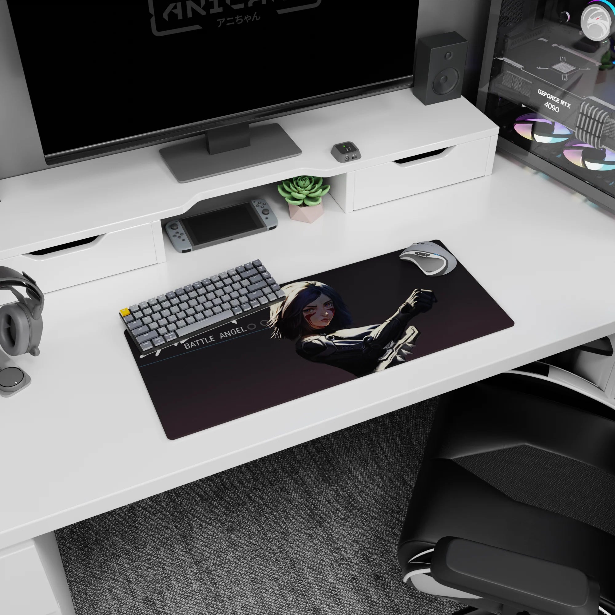 Alita Battle Angel mouse pad 28x12 inches, ready-to-strike pose with blade forward on a dark backdrop.