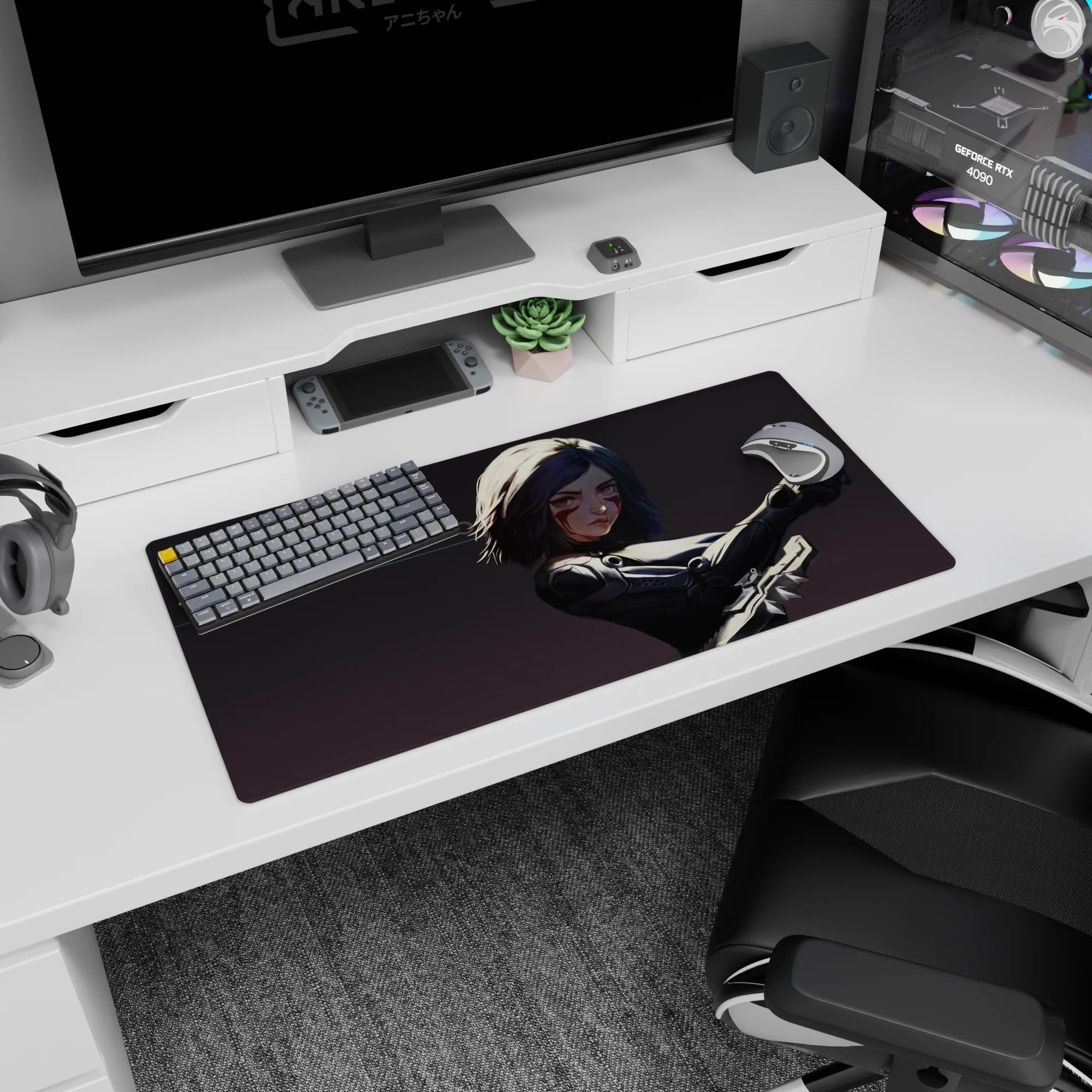 Alita Battle Angel anime girl mouse pad 32x16 inches, ready-to-strike pose with blade and gray shadows.