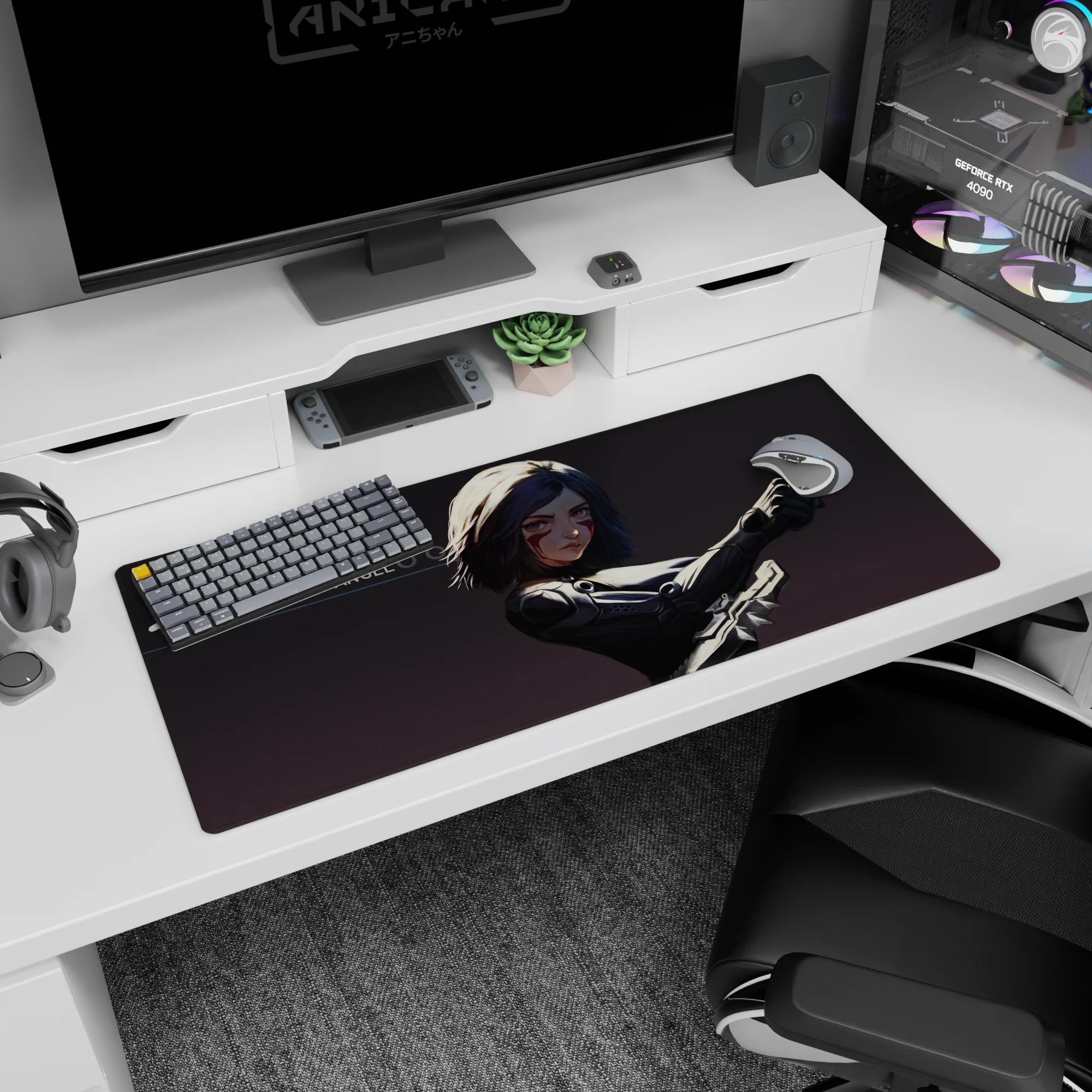 Alita: Battle Angel staring forward, blade angled, ready-to-strike on desk pad 36x16 inches.