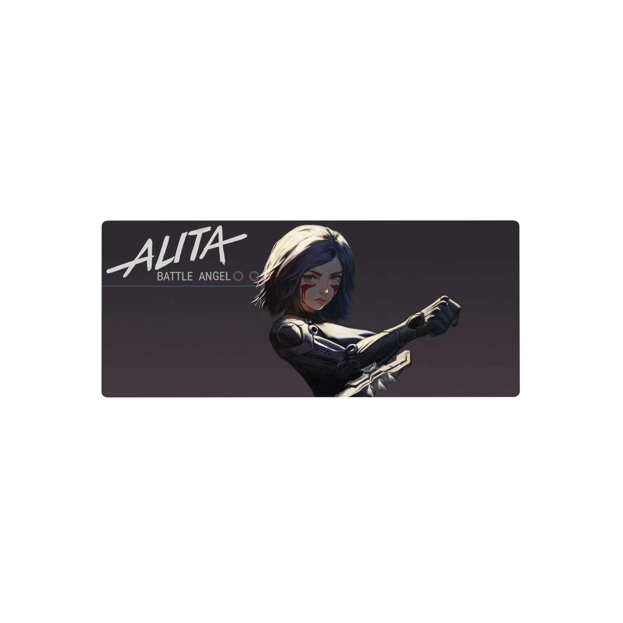 Anime girl mouse pad 28x12 inches with cyber armor heroine, sharp white logo, sleek black design.