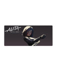 Anime girl mouse pad 28x12 inches with cyber armor heroine, sharp white logo, sleek black design.