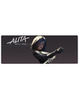 Anime girl mouse pad 32x12 inches with cyber armored heroine, sharp white logo, and sleek high-contrast art.