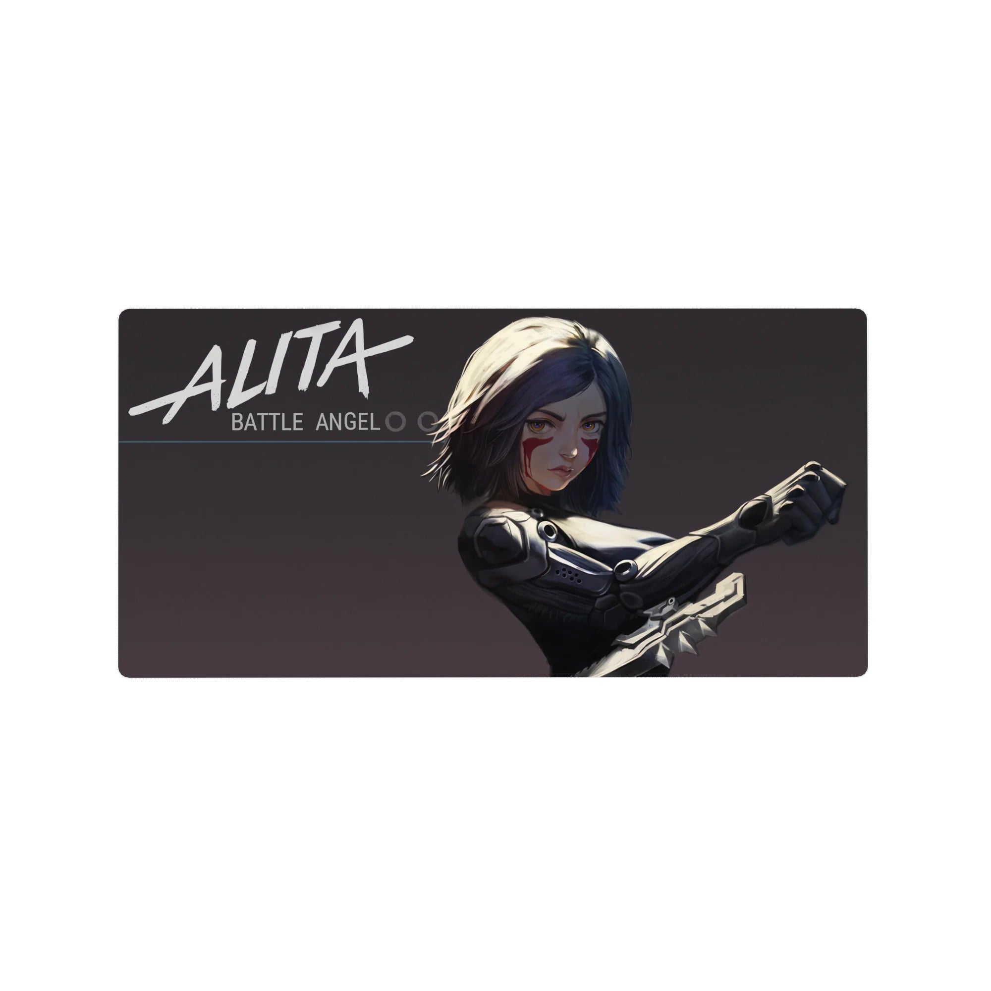 Anime girl mouse pad 32x16 inches with sleek cyber armor, high-contrast portrait, and bold white logo.