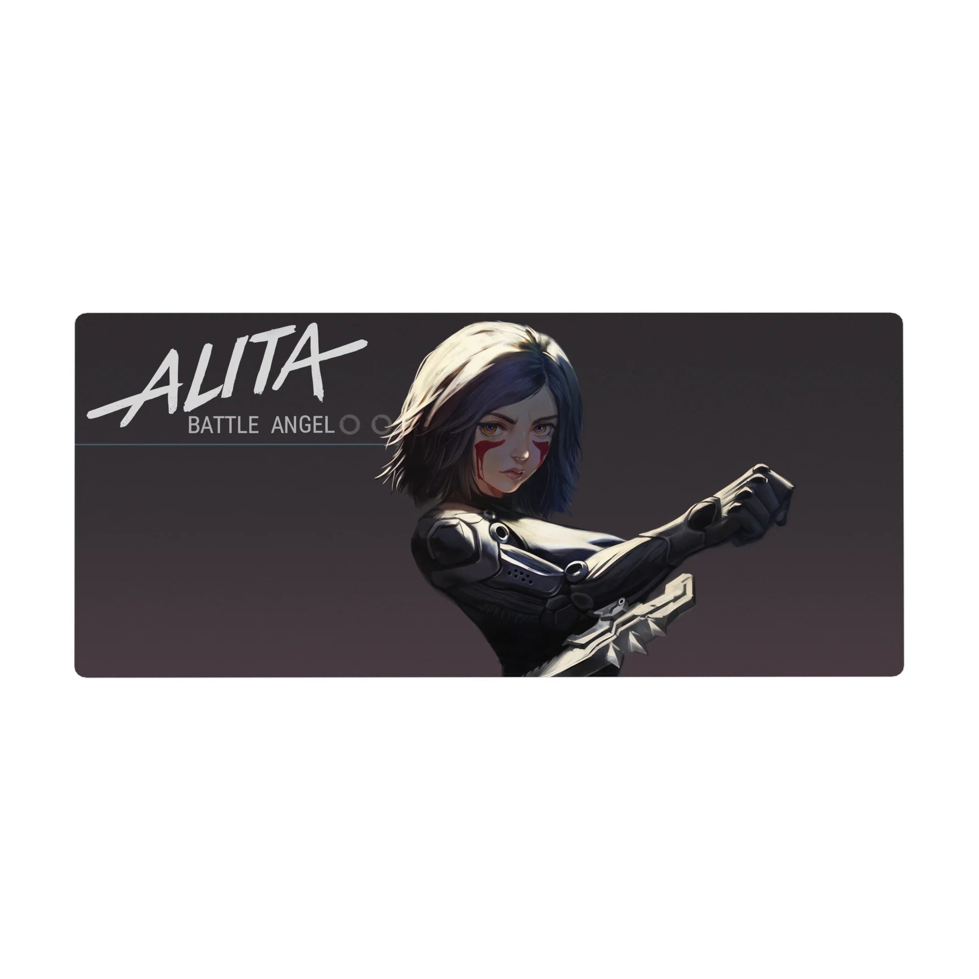 Anime girl desk pad 36x16 inches with sleek black cyber armor, sharp white logo, and bold high-contrast art.