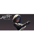 Anime girl desk pad 36x16 inches with sleek black cyber armor, sharp white logo, and bold high-contrast art.