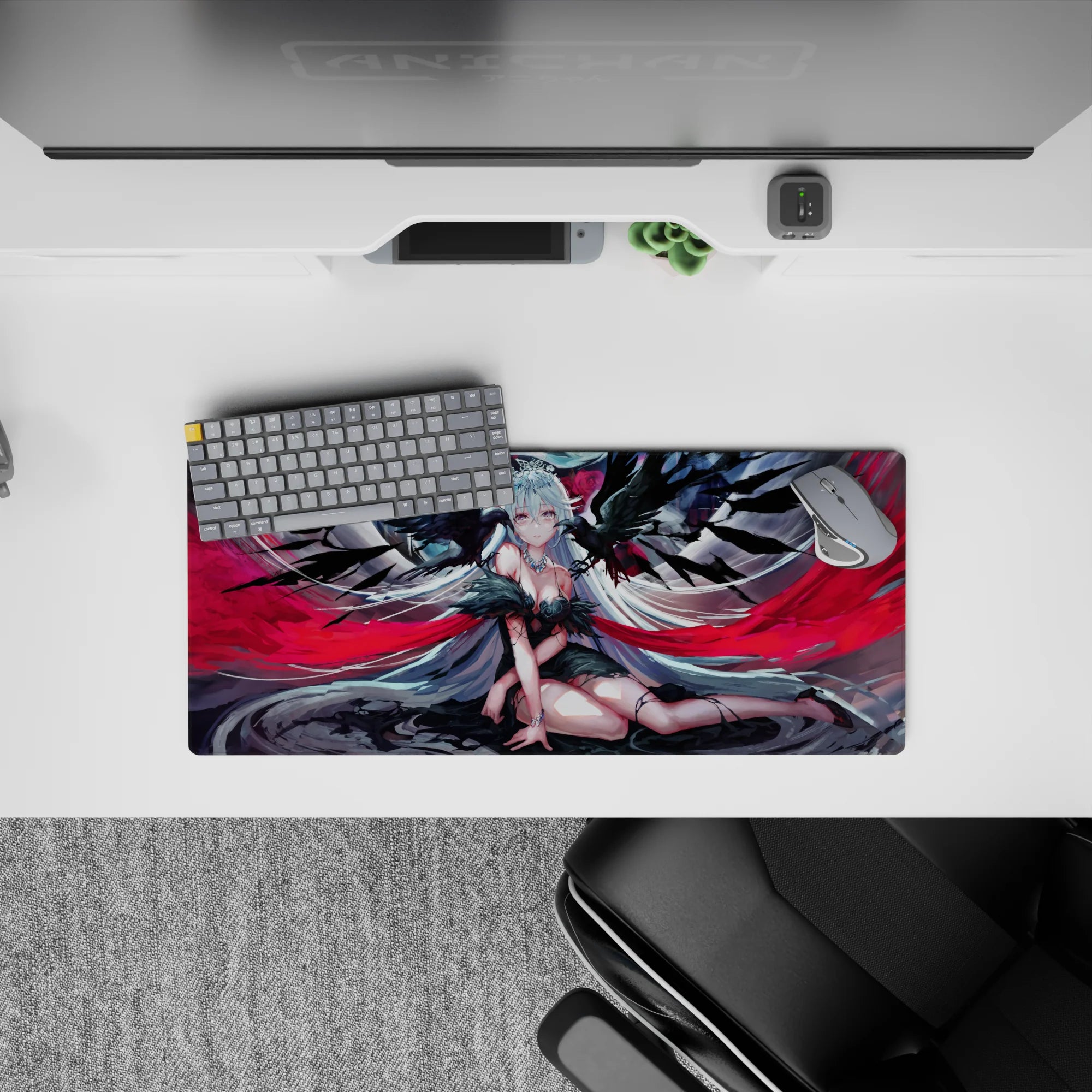 28x12 inches gothic romance anime mouse pad in smoky grays, ink-black feathers, and crimson ribbons.