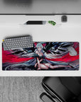 Anime girl mouse pad 32x12 inches in smoky grays, ink-black feathers, and crimson ribbons, gothic mood.