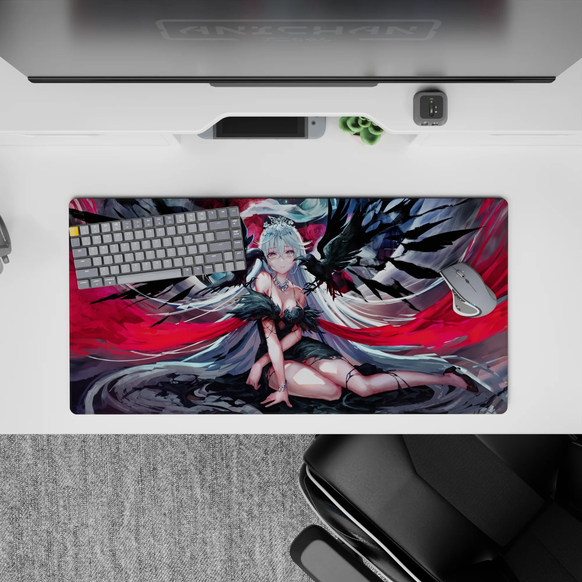 32x16 inches gothic anime mouse pad in smoky grays and rose reds with ink-black feathers and crimson ribbons.