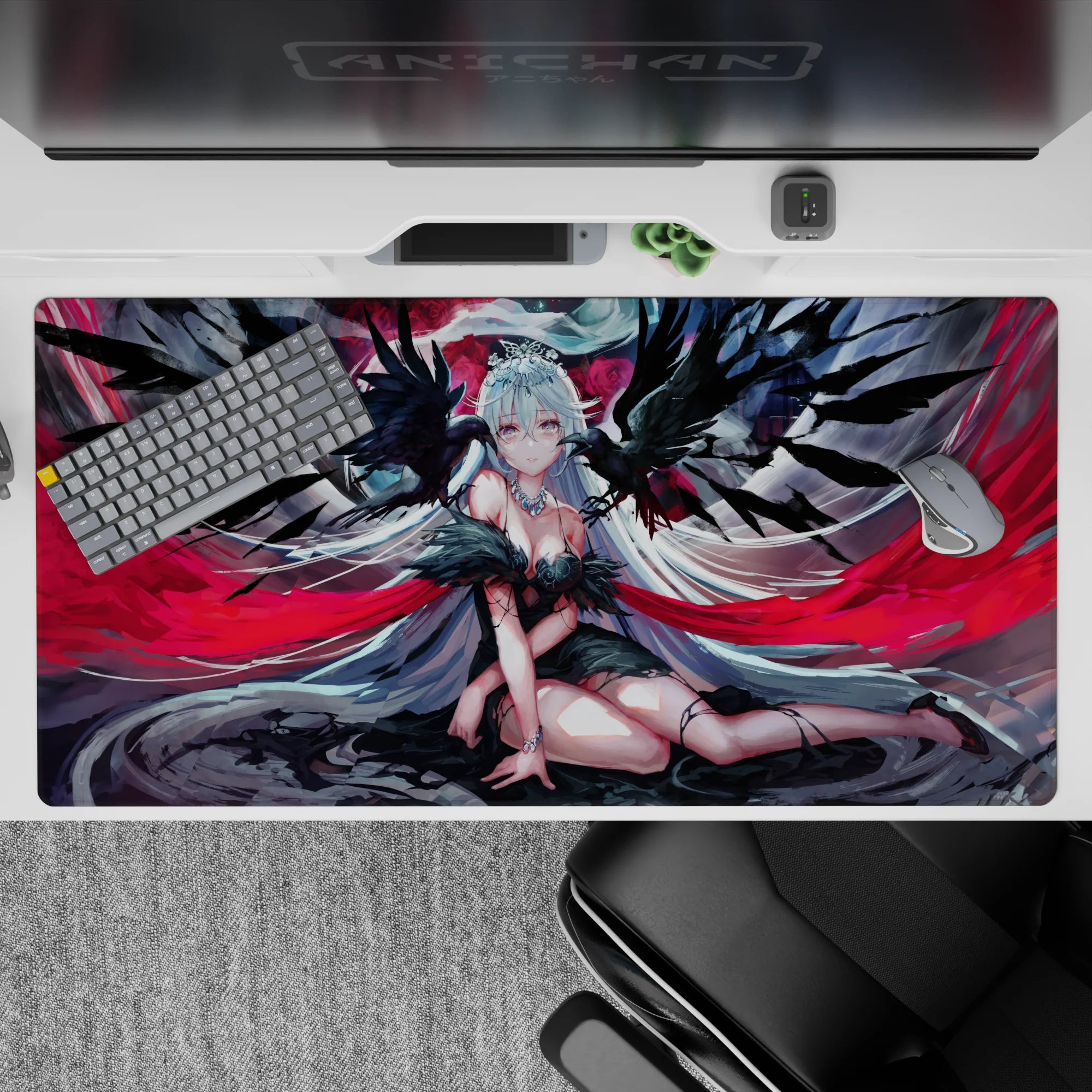 Moody ink-black and crimson anime desk pad 40x20 inches, smoky grays, rose reds, gothic romance vibe.