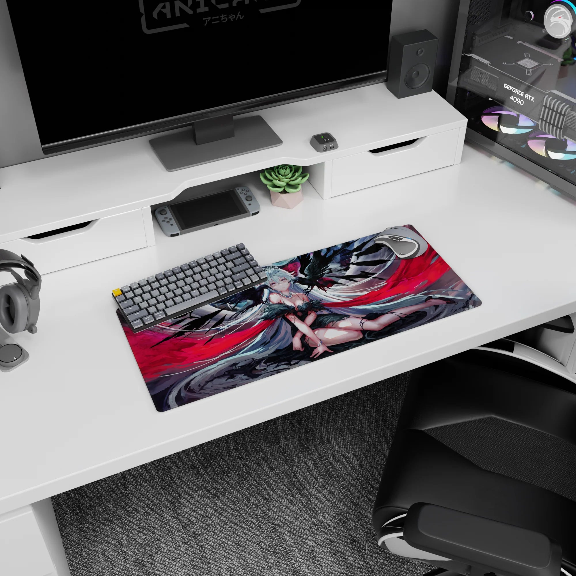 28x12 inches anime girl mouse pad showing a winged silver-haired angel lounging in black feathers and red ribbons.