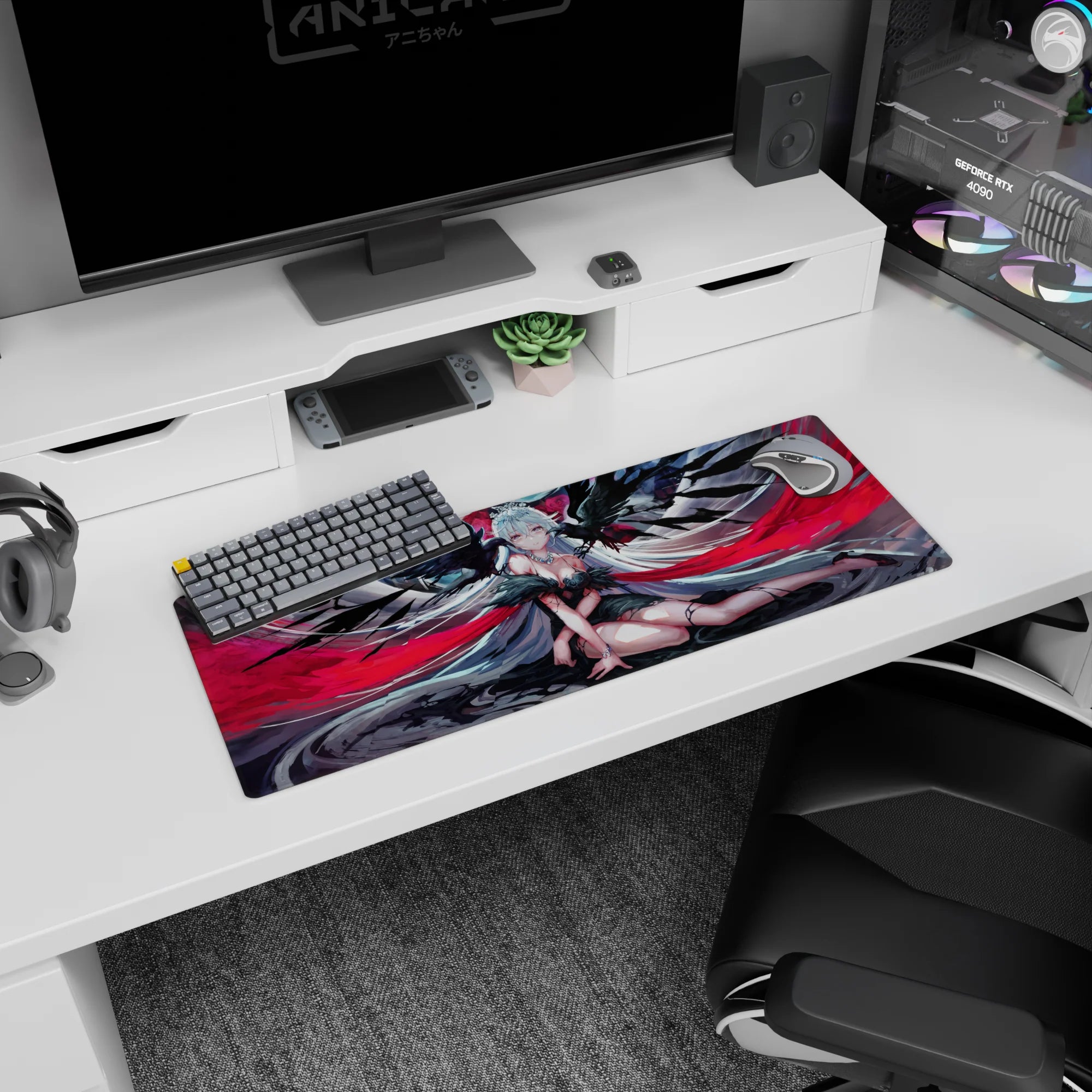 Anime girl mouse pad 32x12 inches showing a silver-haired angel lounging in black feathers, glossy heels.