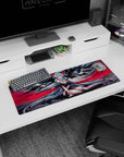 Anime girl mouse pad 32x12 inches showing a silver-haired angel lounging in black feathers, glossy heels.