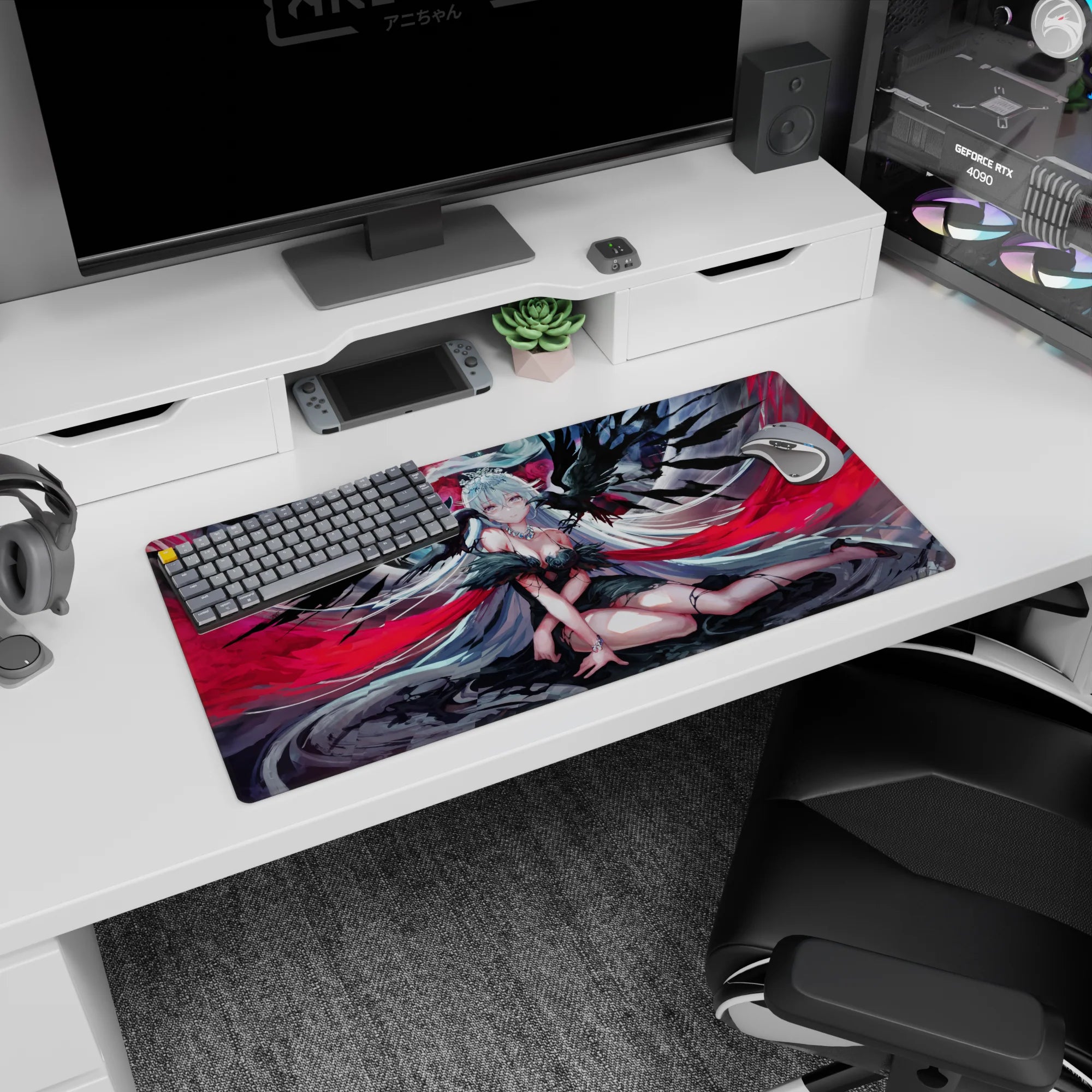 32x16 inches anime girl mouse pad showing a lounging winged angel in black feathers and red ribbons, daring eyes.