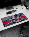 32x16 inches anime girl mouse pad showing a lounging winged angel in black feathers and red ribbons, daring eyes.