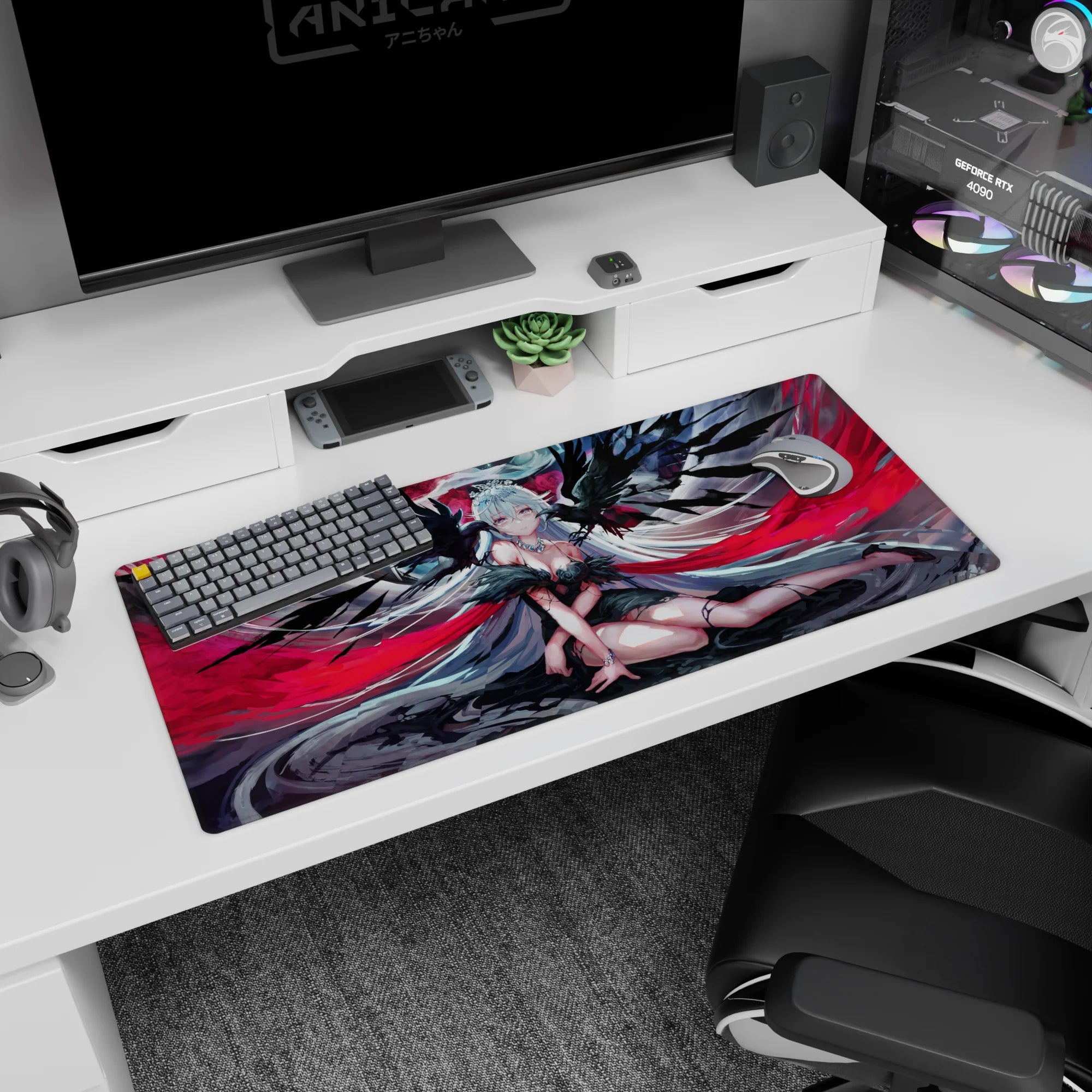 36x16 inches desk pad showing a silver-haired winged angel lounging in black feathers and red ribbons.