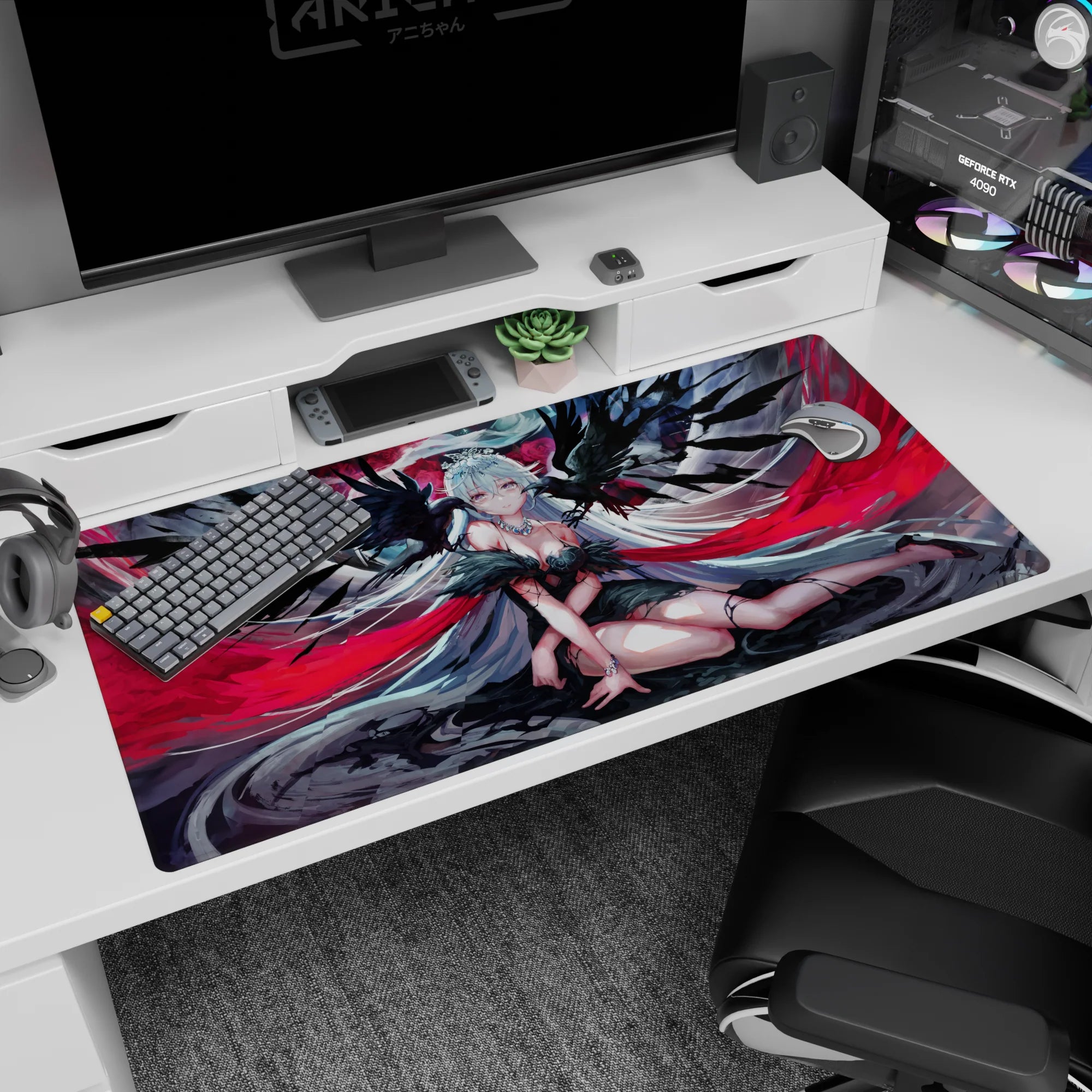 Silver-haired winged anime angel lounging in black feathers and red ribbons desk pad 40x20 inches.