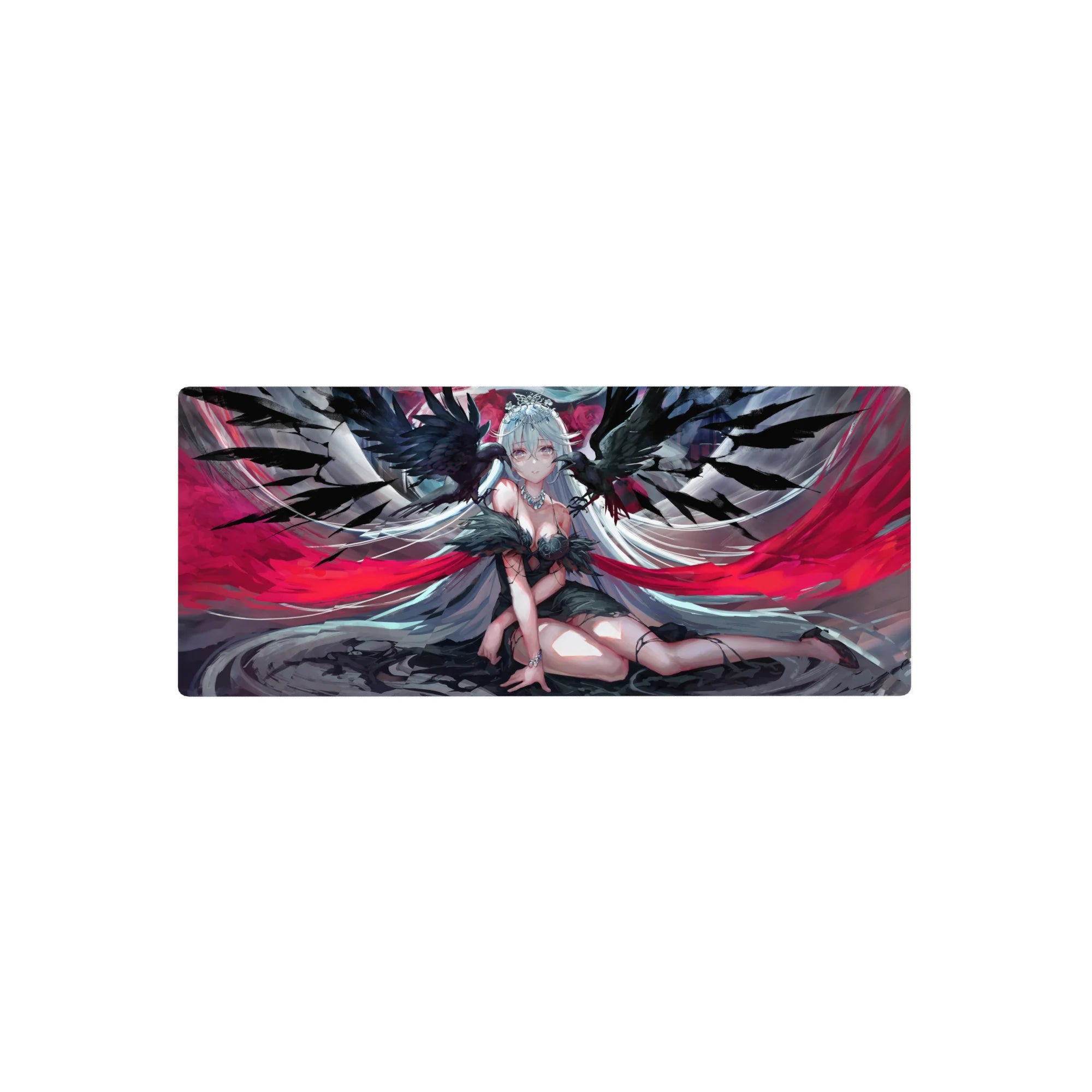 28x12 inches anime girl mouse pad with silver-haired angel, midnight wings, crown, lace outfit, heels.