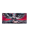 28x12 inches anime girl mouse pad with silver-haired angel, midnight wings, crown, lace outfit, heels.
