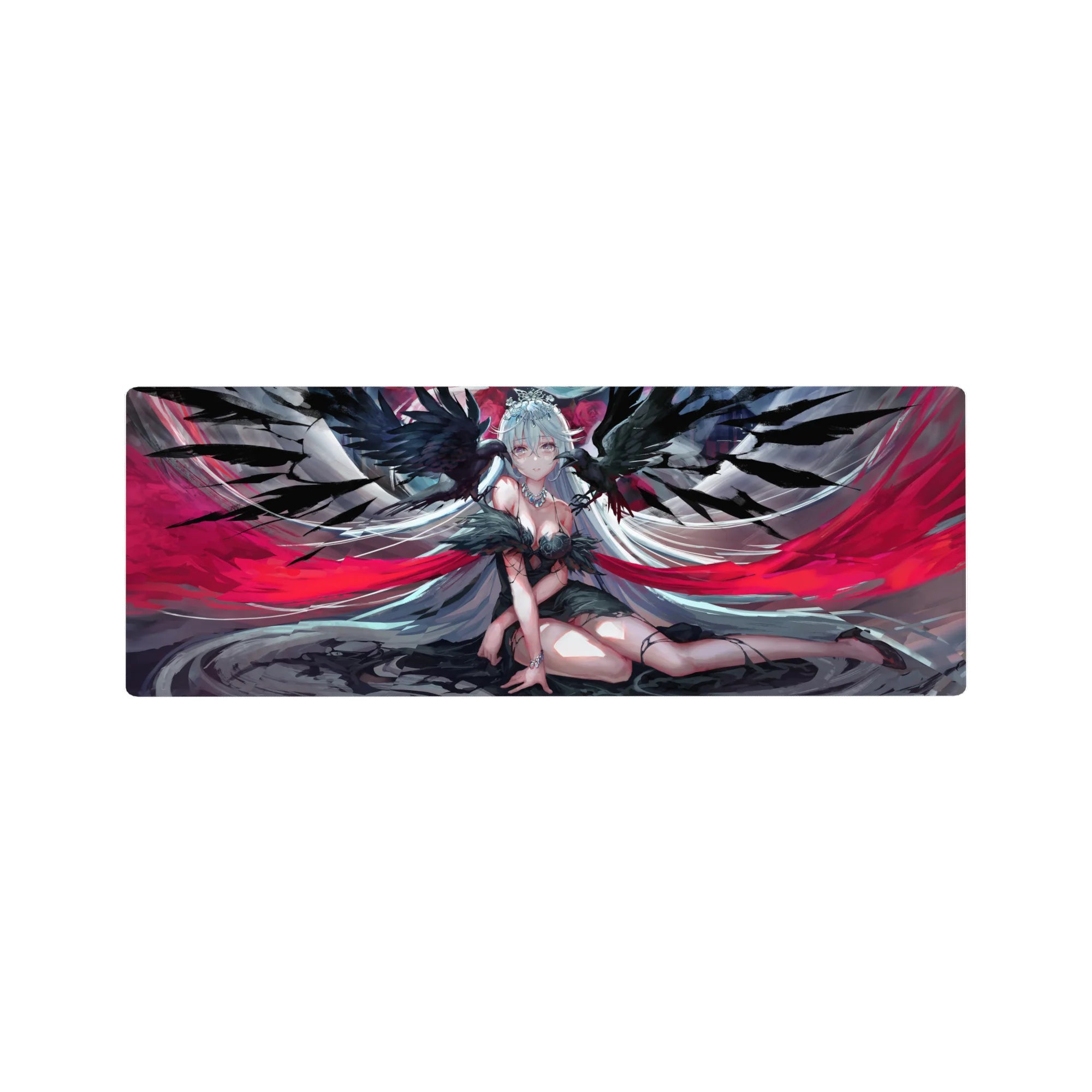 Anime girl mouse pad 32x12 inches with silver-haired angel, midnight wings, jeweled crown, gothic lace.