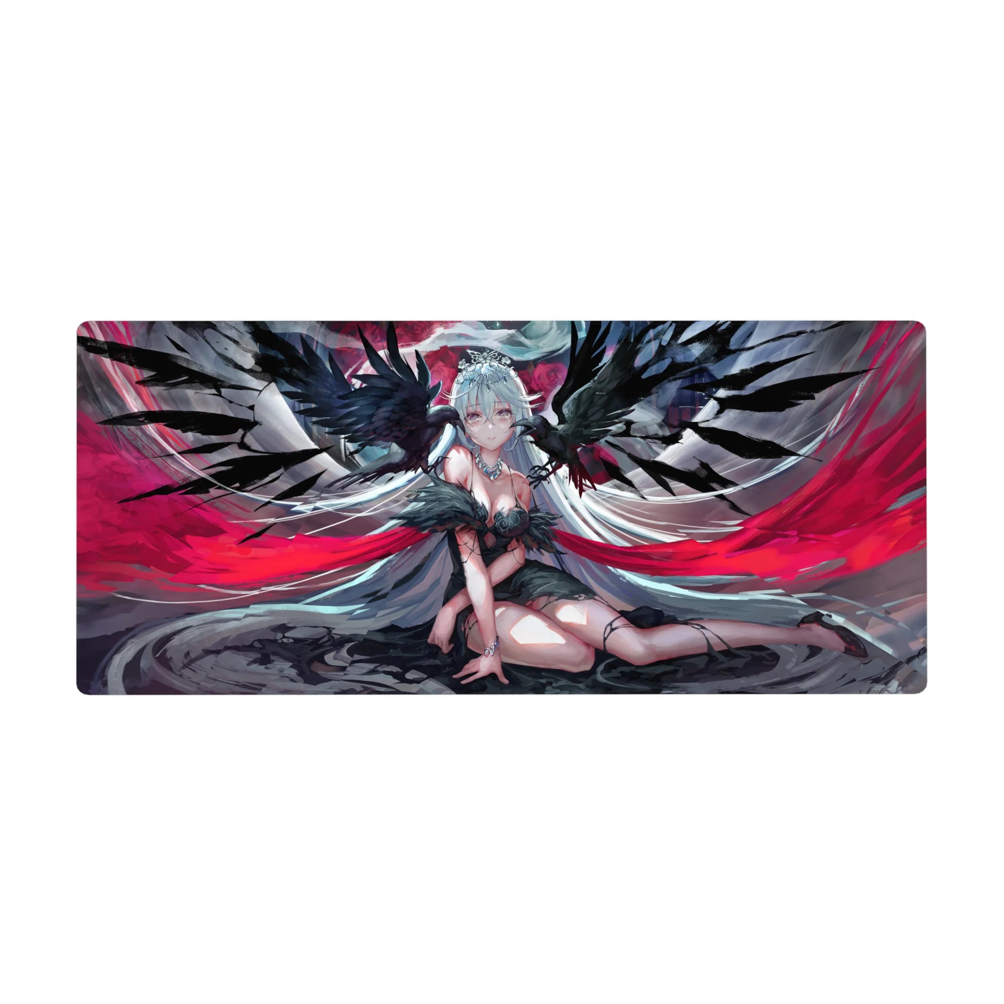 36x16 inches anime girl desk pad with silver-haired angel, midnight wings, crown, lace outfit, ribbons.