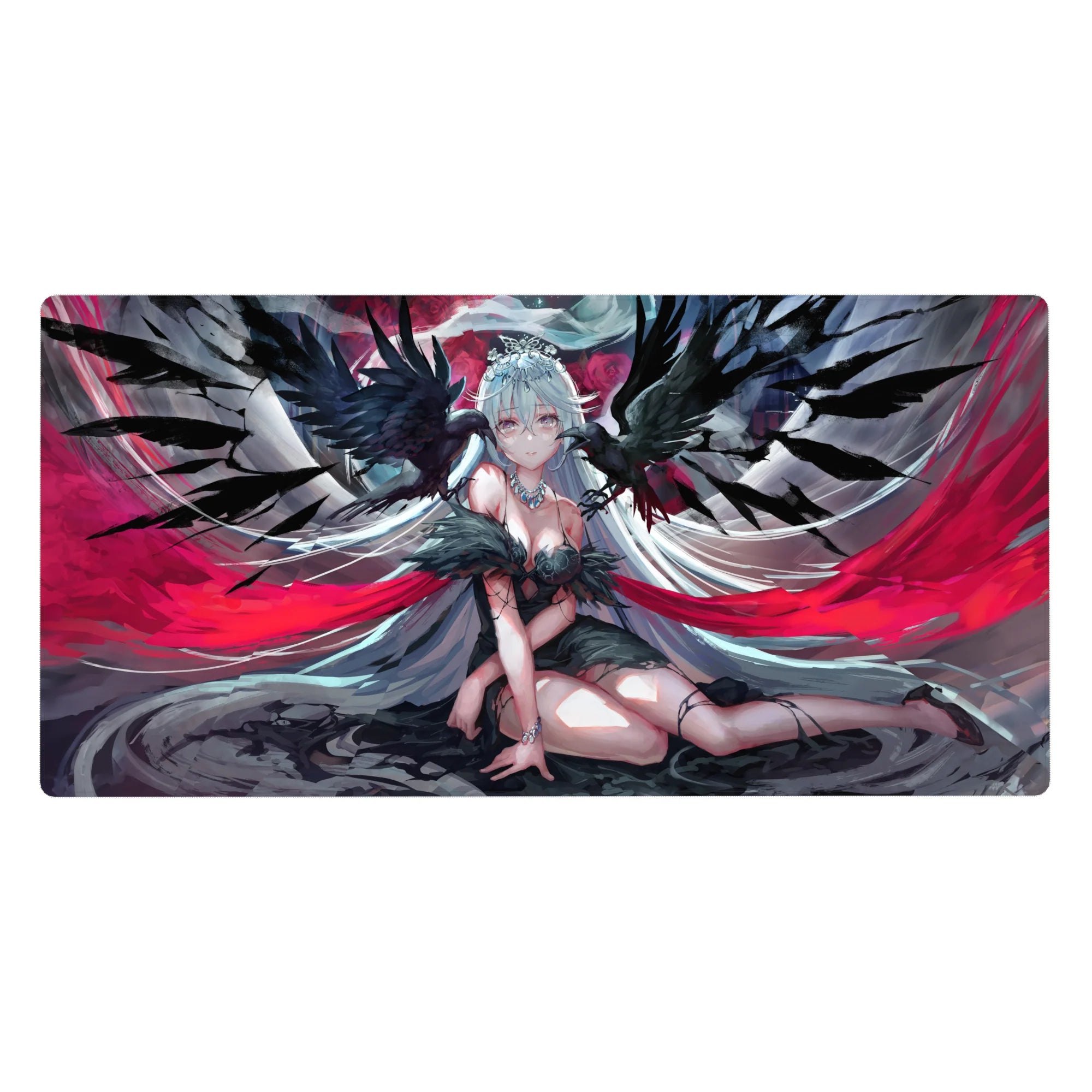 Gothic anime girl desk pad 40x20 inches with silver-haired angel, midnight wings, crown, lace outfit.