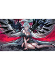 Gothic anime girl desk pad 40x20 inches with silver-haired angel, midnight wings, crown, lace outfit.
