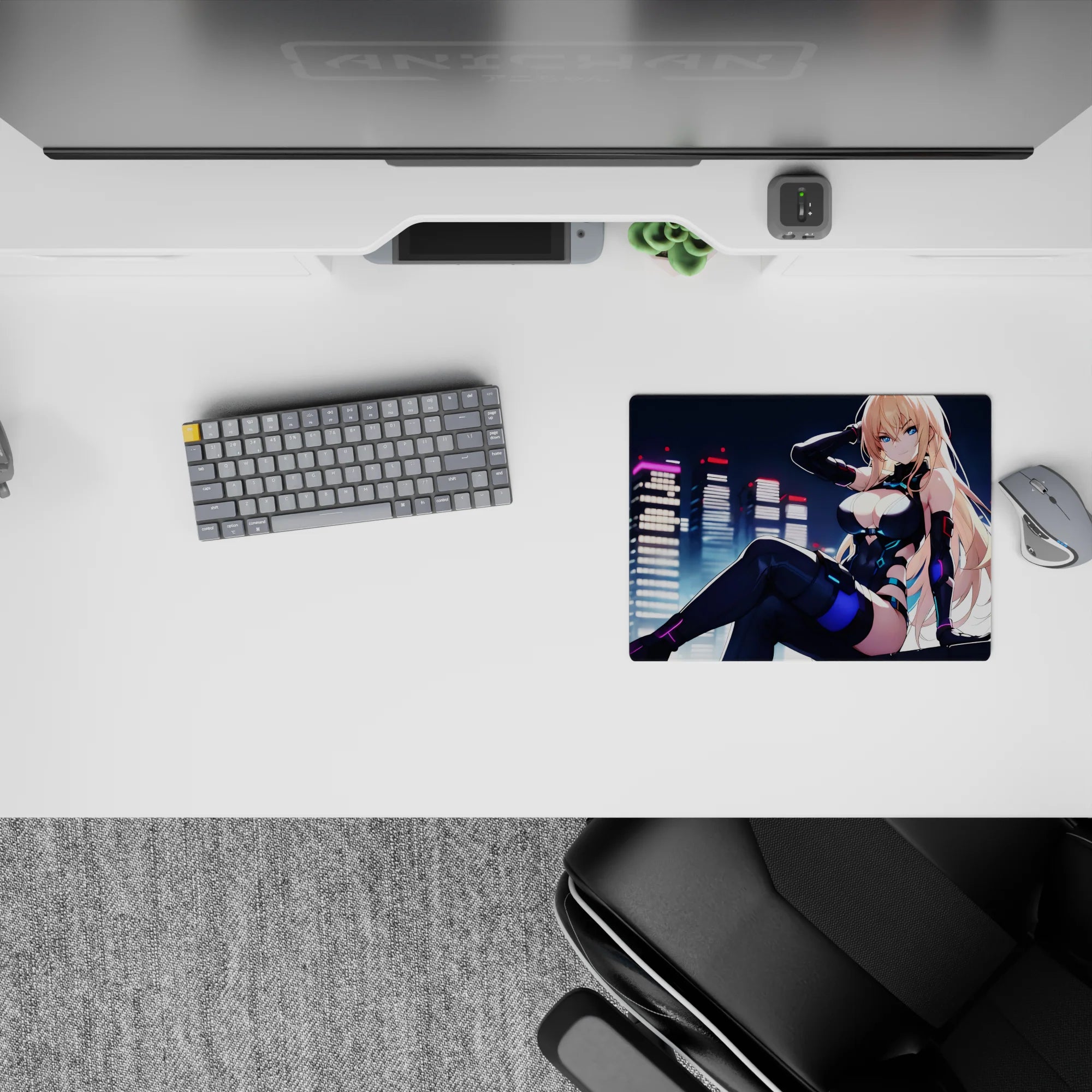 Flirty sci-fi chic anime mouse pad 14x10 inches with neon glow, crisp color pop, smooth tracking feel.