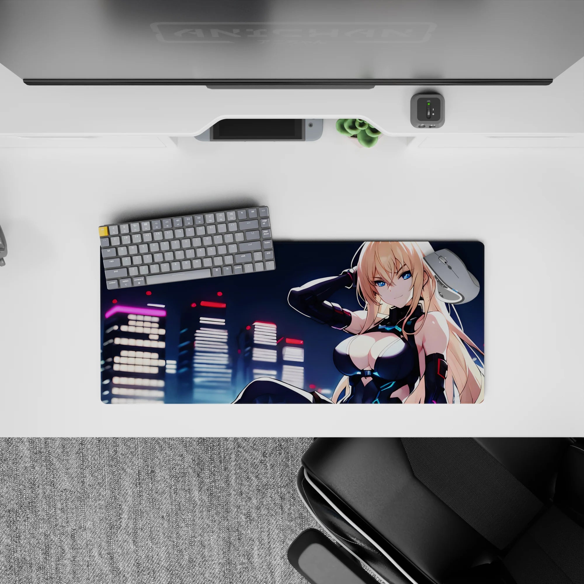 Neon-lit anime girl mouse pad 28x12 inches, crisp cyan and black tones, flirty fearless sci-fi vibe.