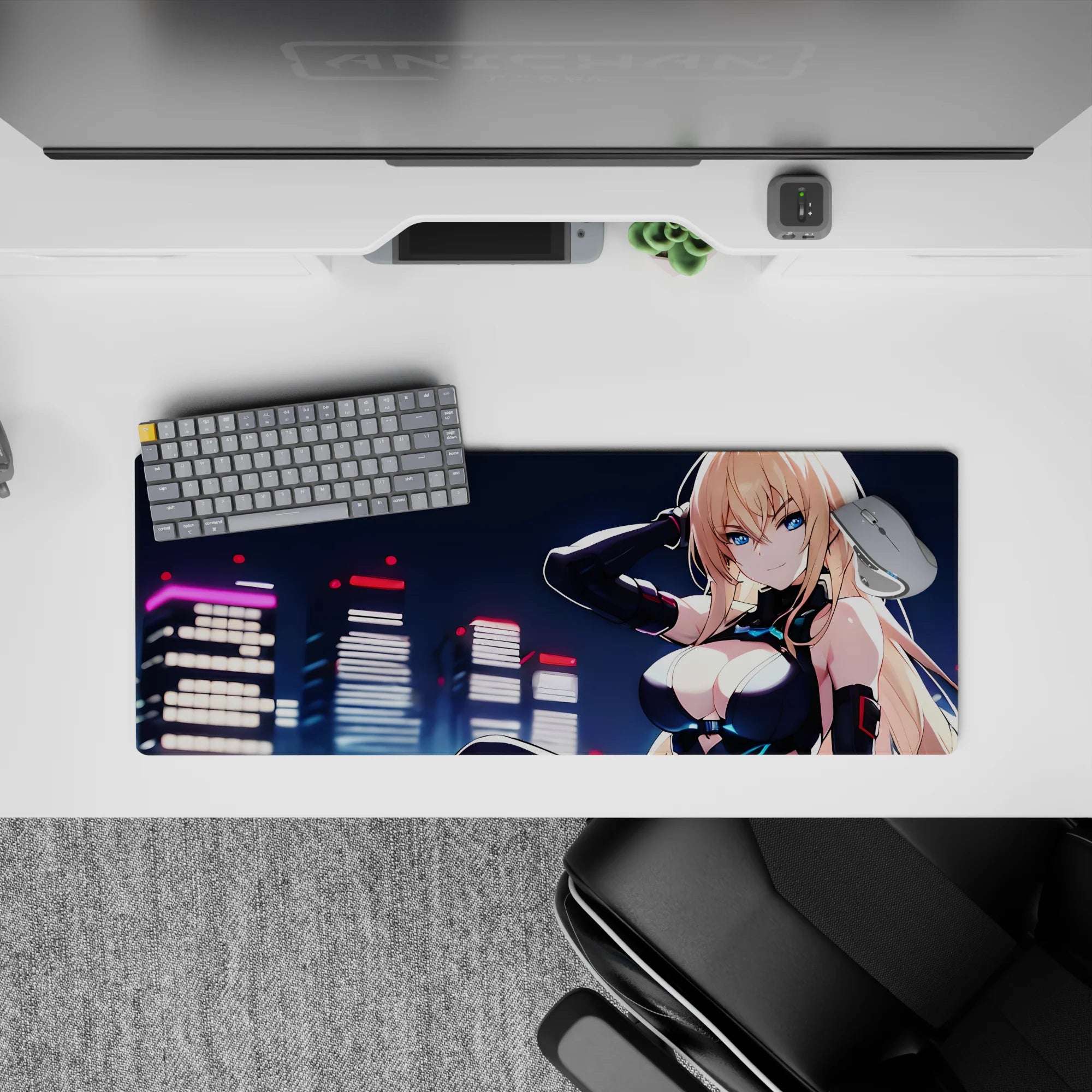 Cyan-accented neon lights anime desk mat mouse pad 32x12 inches, flirty fearless vibe, crisp colors.
