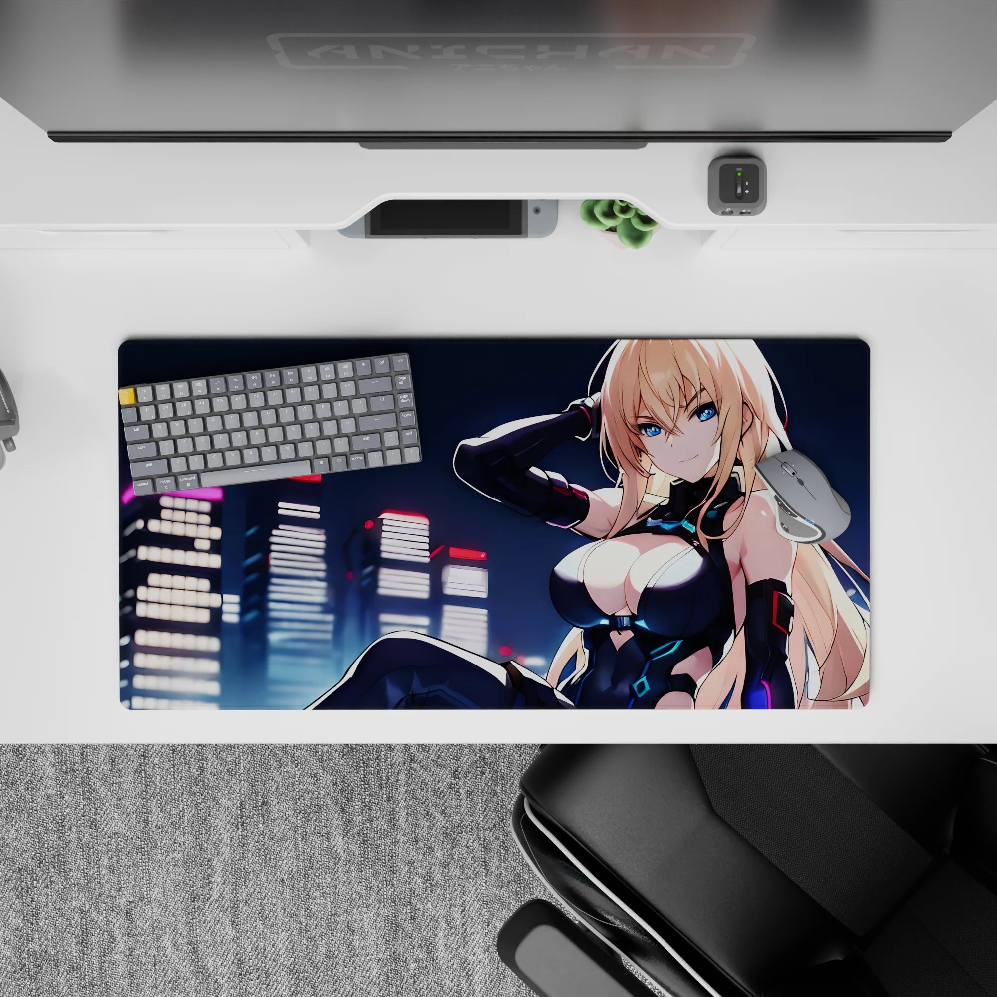 32x16 inches cyberpunk anime desk mat in neon blues and pinks, flirty fearless vibe, crisp color pop.