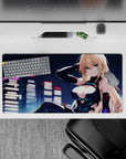 32x16 inches cyberpunk anime desk mat in neon blues and pinks, flirty fearless vibe, crisp color pop.