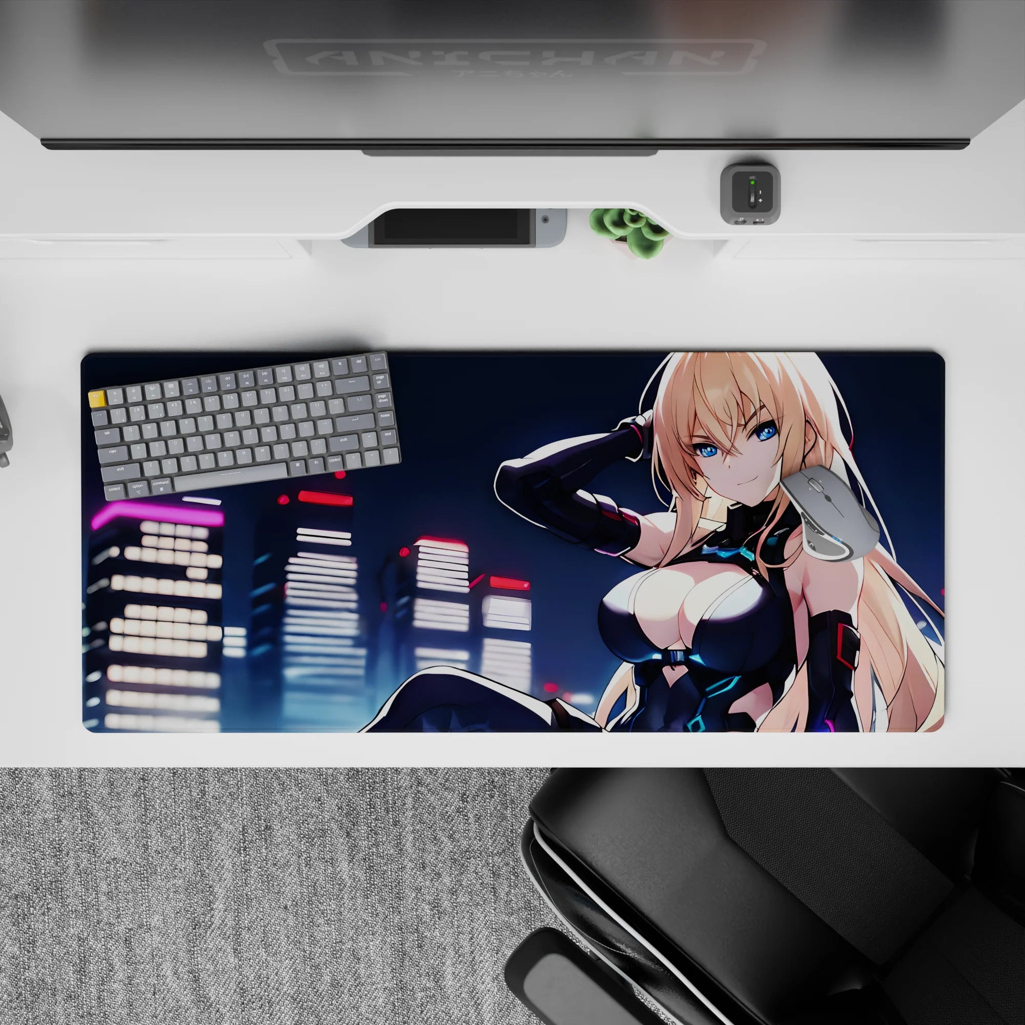 36x16 inches anime desk pad with cyan accents, neon glow, flirty fearless sci-fi vibe, crisp color pop.