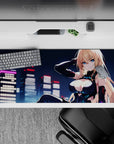 36x16 inches anime desk pad with cyan accents, neon glow, flirty fearless sci-fi vibe, crisp color pop.