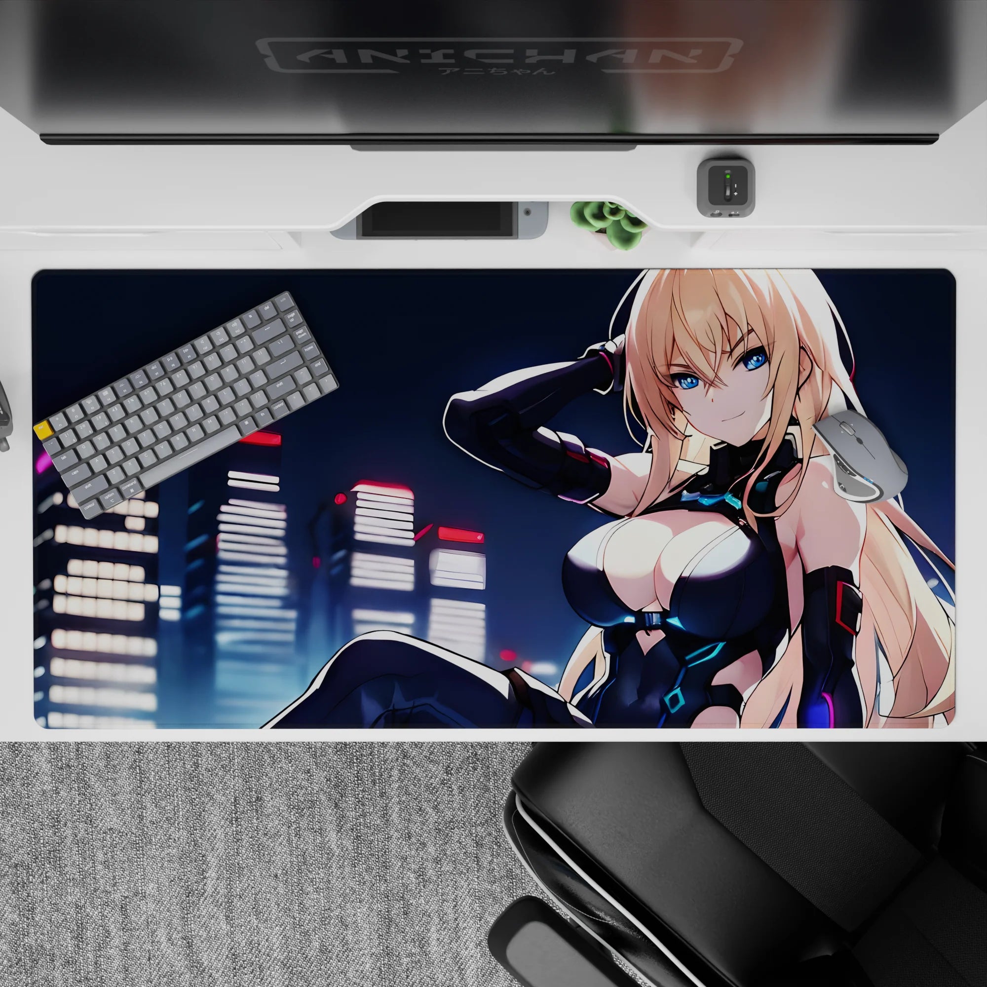Cyberpunk anime desk pad 40x20 inches, crisp neon glow, cyan highlights, flirty fearless vibe.