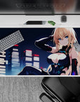 Cyberpunk anime desk pad 40x20 inches, crisp neon glow, cyan highlights, flirty fearless vibe.