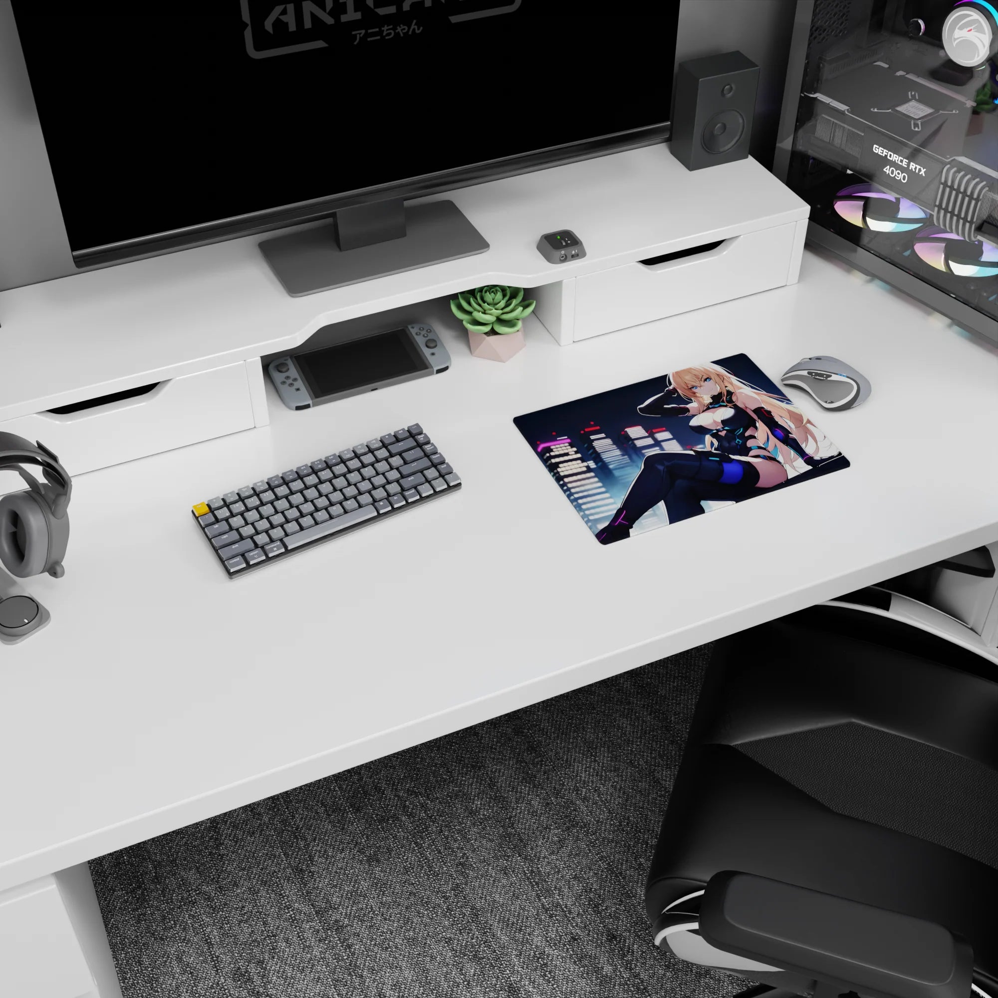 Anime girl mouse pad 14x10 inches featuring icy-eyed blonde lounging, hand in hair, neon skyline behind.