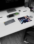 Anime girl mouse pad 14x10 inches featuring icy-eyed blonde lounging, hand in hair, neon skyline behind.