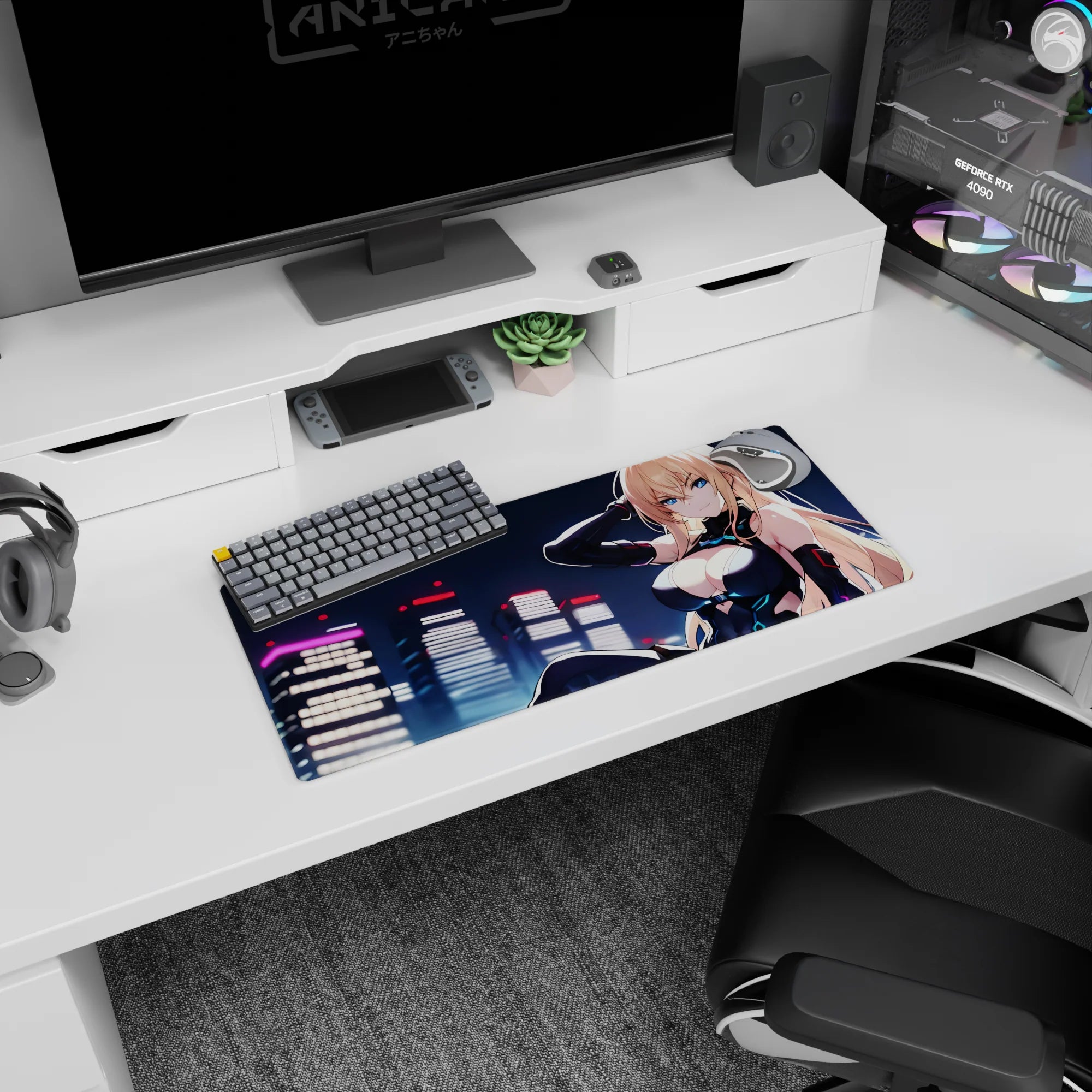 28x12 inches anime mouse pad showing icy-eyed blonde lounging before glowing city towers, half-smirk pose.